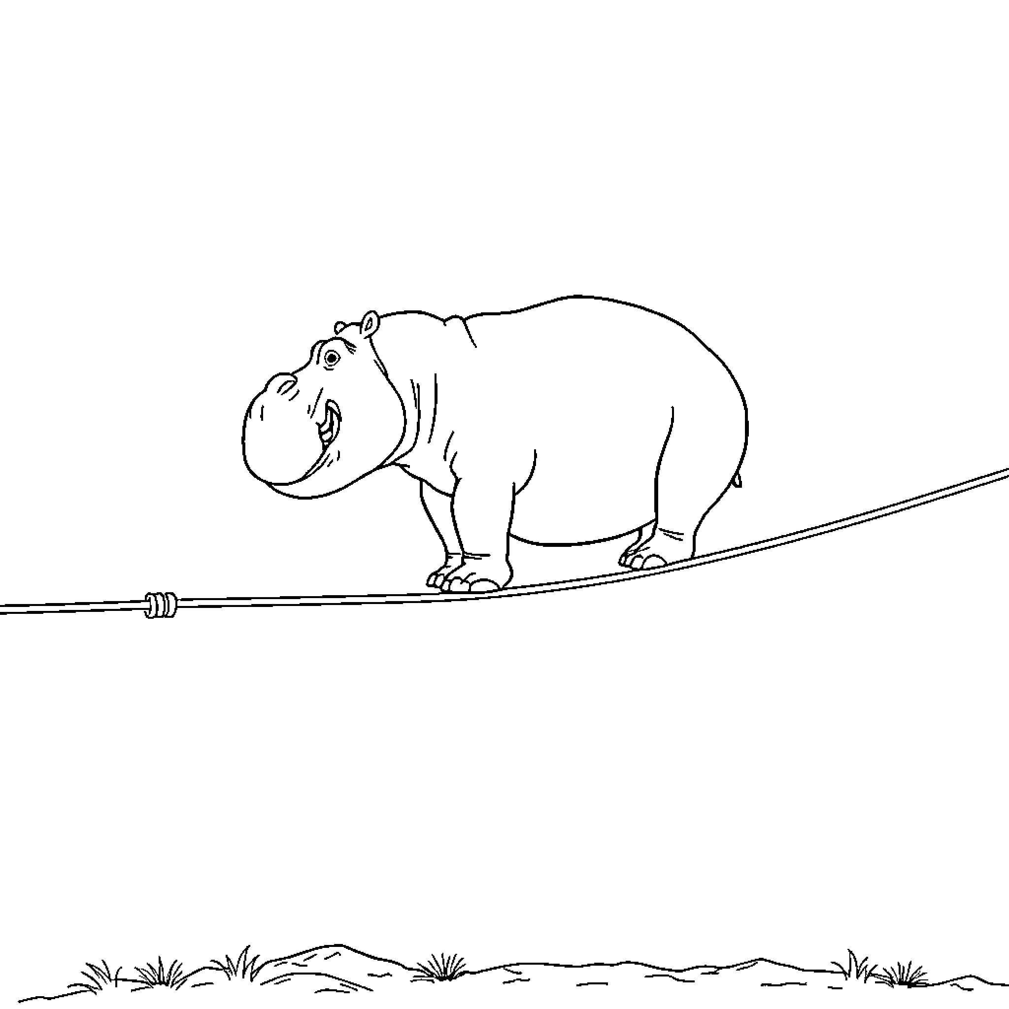 Hippo balancing precariously on tightrope Coloring Page (free black-and-white line drawing printable PDF for all, from beginners to advanced learners, including children, teens, adults, and seniors)
