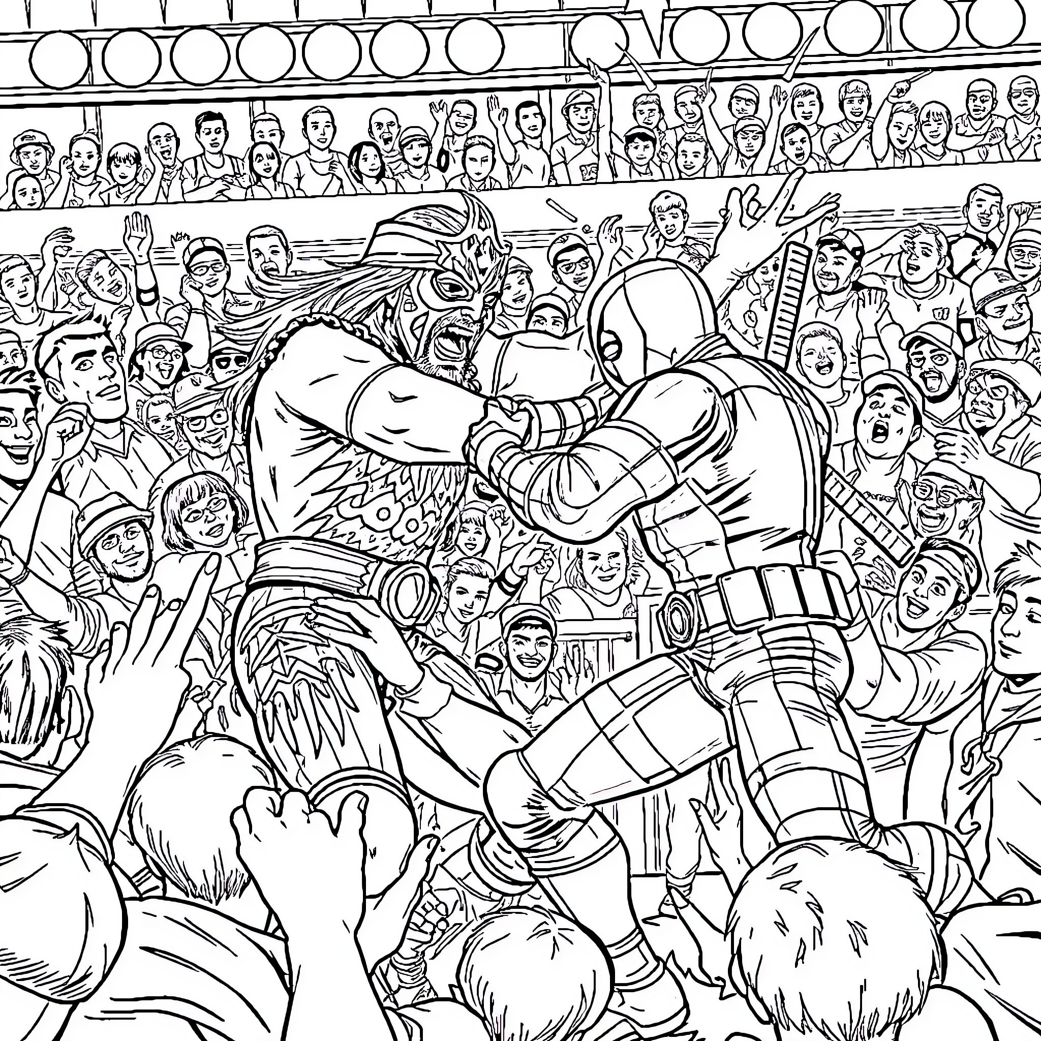 Macho Man Wrestling Spectacle in the Crowd Coloring Page (free black-and-white line drawing printable PDF for all, from beginners to advanced learners, including children, teens, adults, and seniors)