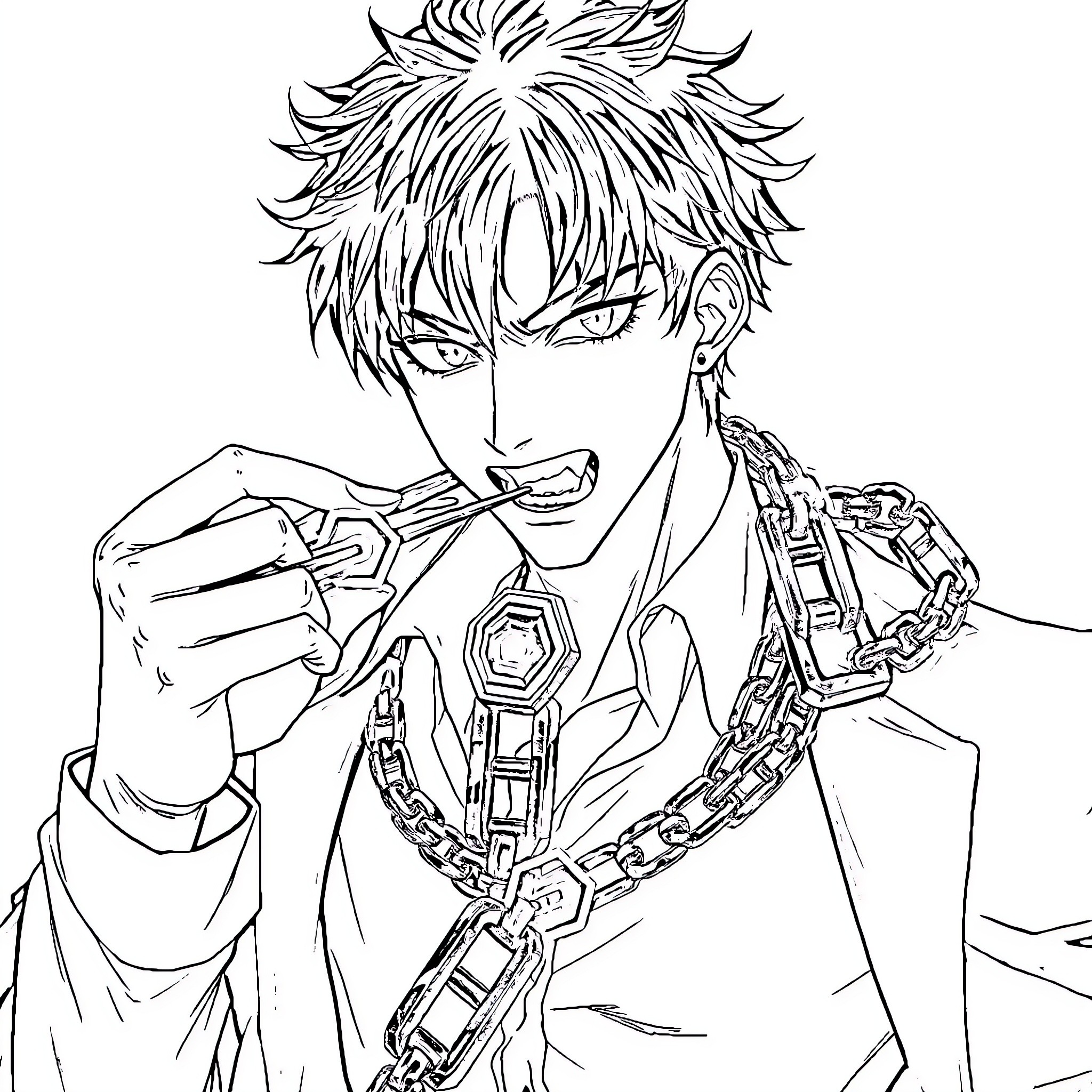 Vampire protagonist with intense expression and chains Coloring Page (free black-and-white line drawing printable PDF for all, from beginners to advanced learners, including children, teens, adults, and seniors)