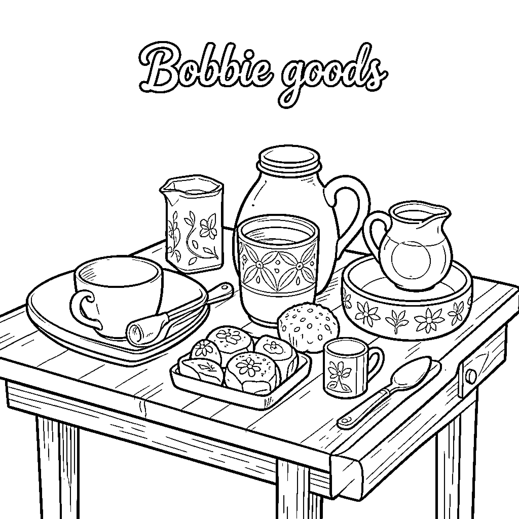 Bobbie serving tea and treats on a wooden table Coloring Page (free black-and-white line drawing printable PDF for all, from beginners to advanced learners, including children, teens, adults, and seniors)