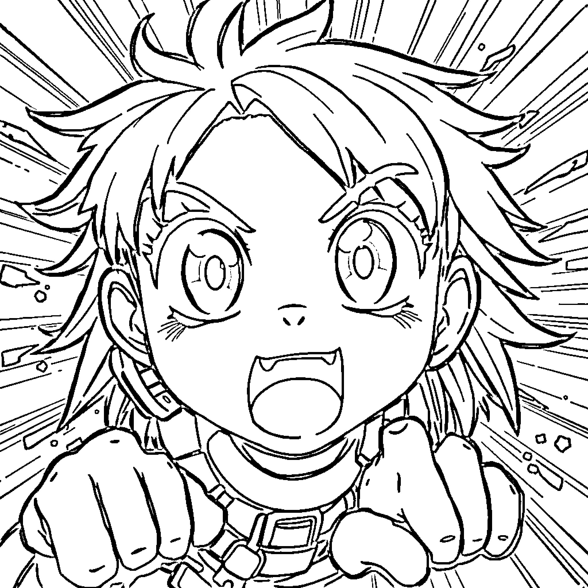 Anime character in a surprised and expressive pose Coloring Page (free black-and-white line drawing printable PDF for all, from beginners to advanced learners, including children, teens, adults, and seniors)