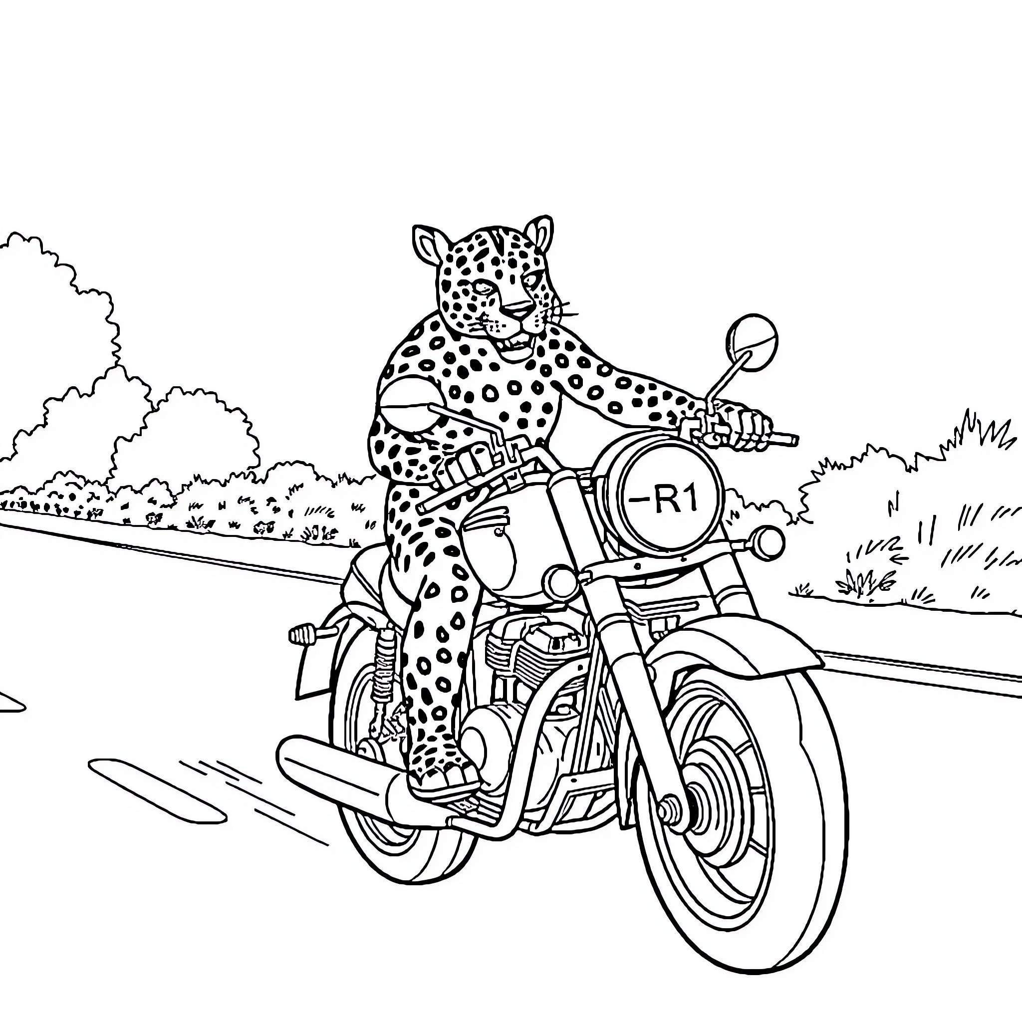 Leopard Riding a Motorcycle on the Road Coloring Page (free black-and-white line drawing printable PDF for all, from beginners to advanced learners, including children, teens, adults, and seniors)