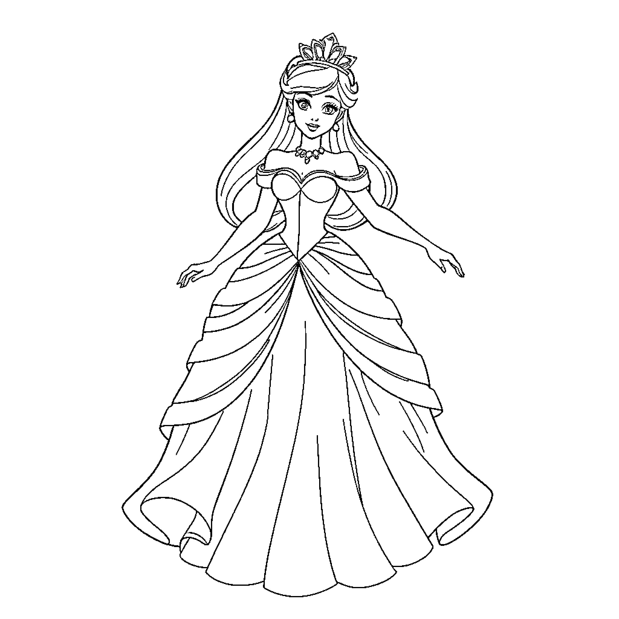 Princess in Elegant Ballgown Posing Coloring Page (free black-and-white line drawing printable PDF for all, from beginners to advanced learners, including children, teens, adults, and seniors)