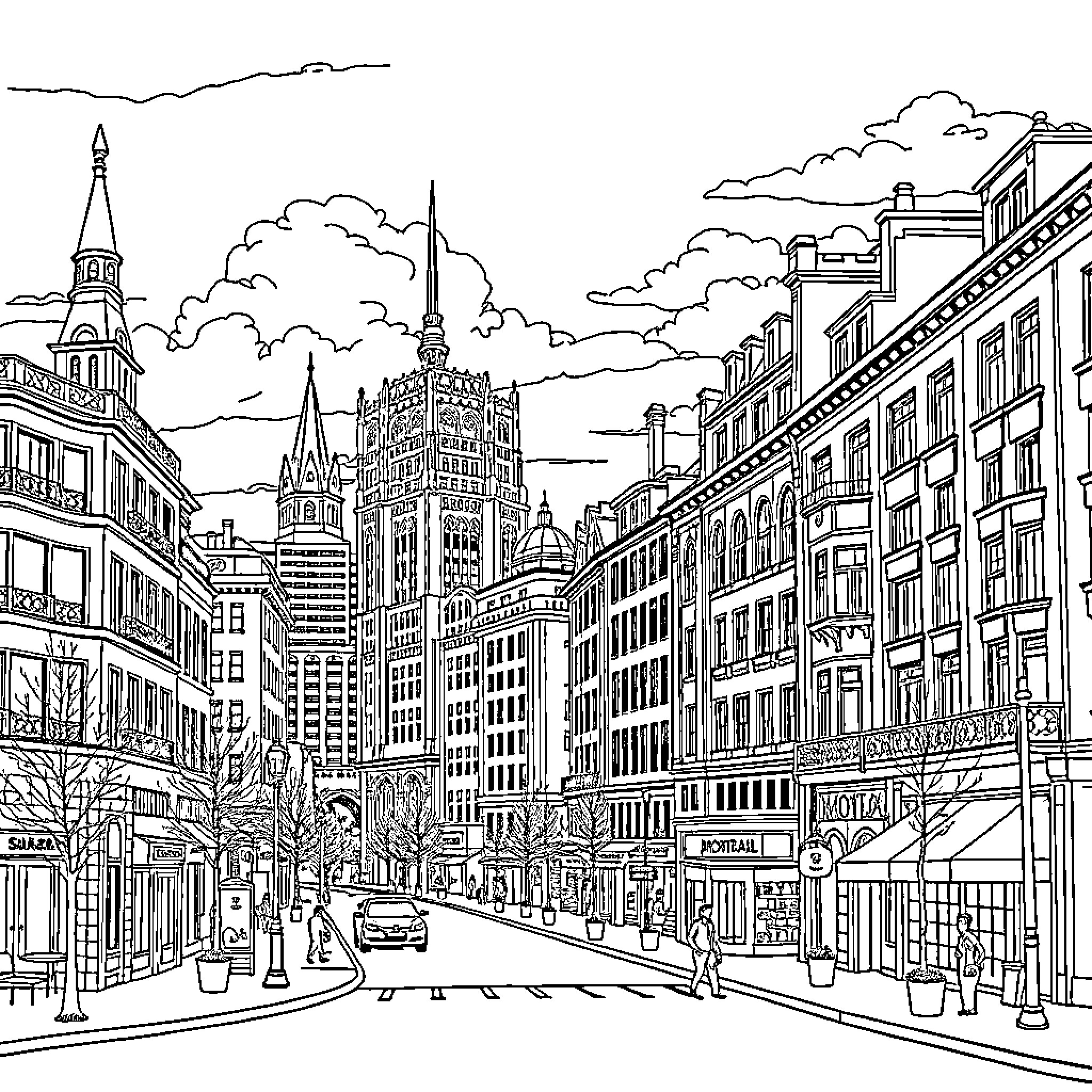 Montreal street scene with towering buildings and pedestrians Coloring Page (free black-and-white line drawing printable PDF for all, from beginners to advanced learners, including children, teens, adults, and seniors)