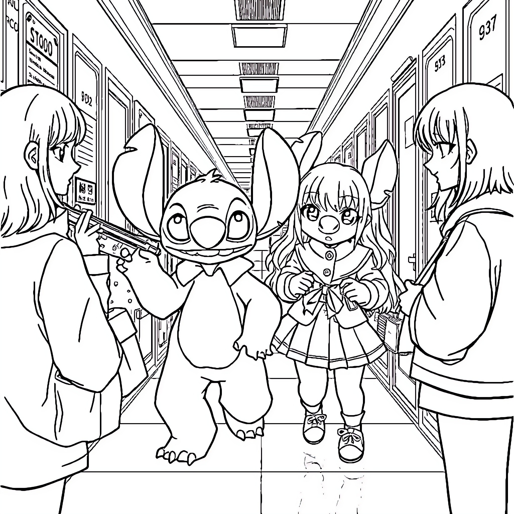 Stitch mischievously explores school hallway with cute classmates Coloring Page (free black-and-white line drawing printable PDF for all, from beginners to advanced learners, including children, teens, adults, and seniors)