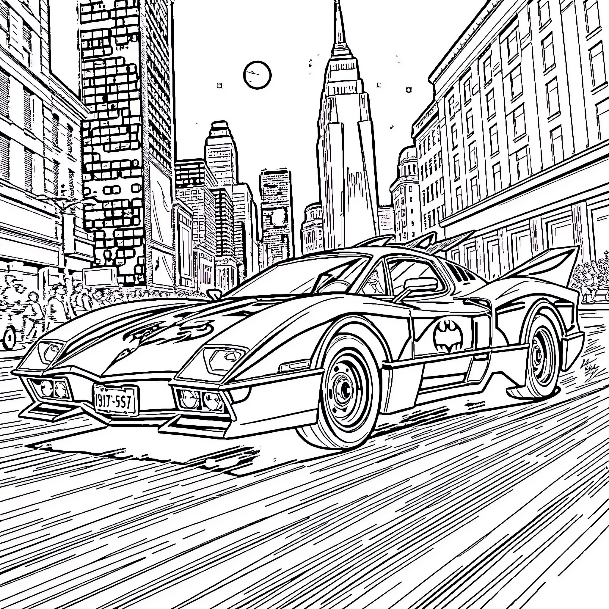 Batmobile speeding through the city streets Coloring Page (free black-and-white line drawing printable PDF for all, from beginners to advanced learners, including children, teens, adults, and seniors)