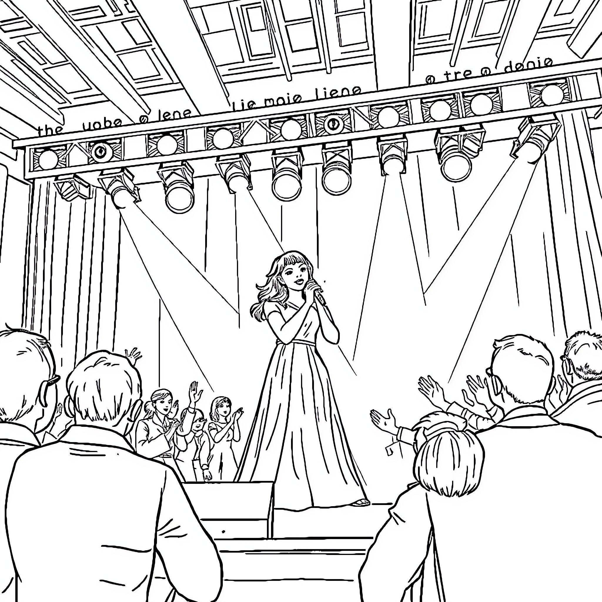 Aitana performing on stage for the audience Coloring Page (free black-and-white line drawing printable PDF for all, from beginners to advanced learners, including children, teens, adults, and seniors)