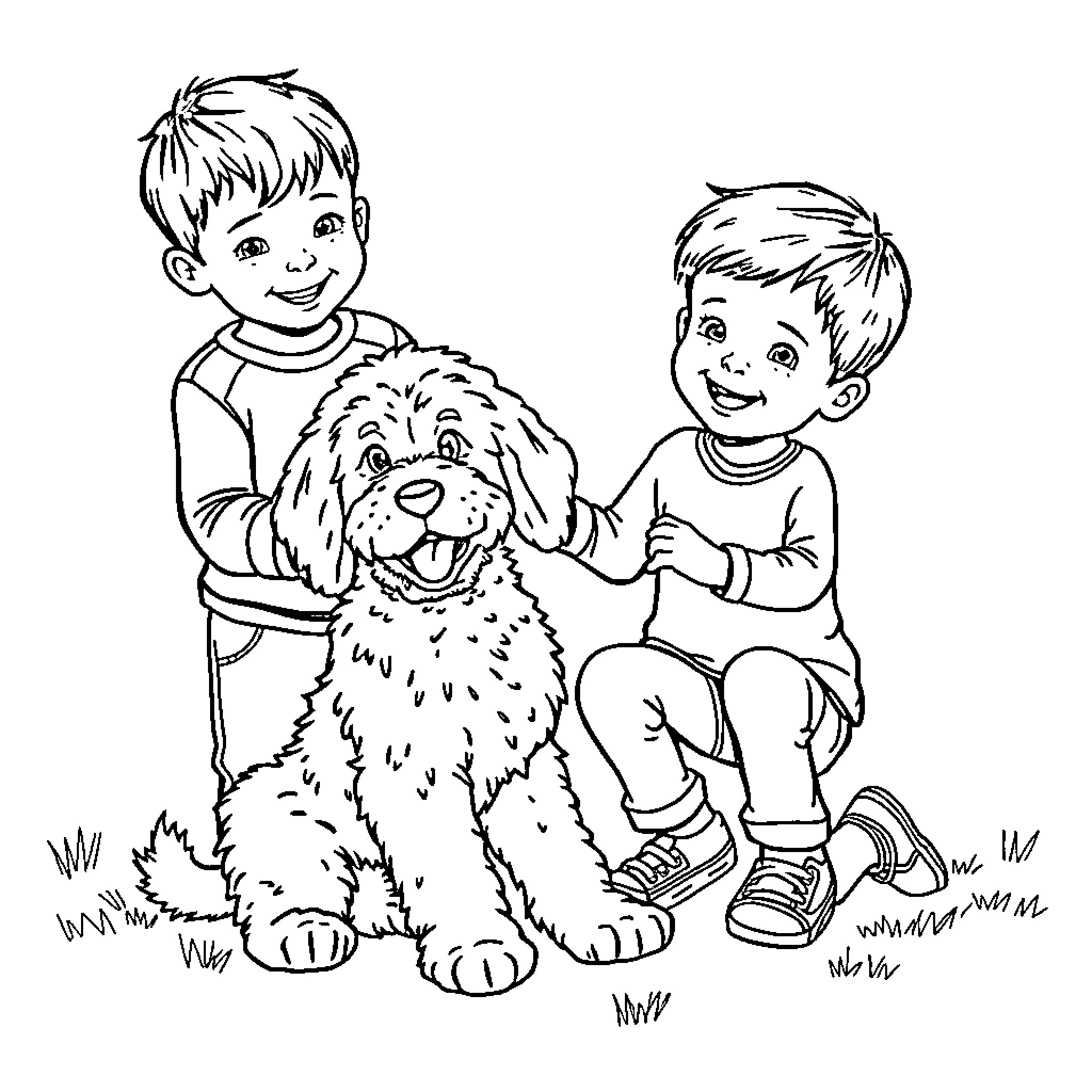 Boy and friends playing with fluffy dog outdoors Coloring Page (free black-and-white line drawing printable PDF for all, from beginners to advanced learners, including children, teens, adults, and seniors)