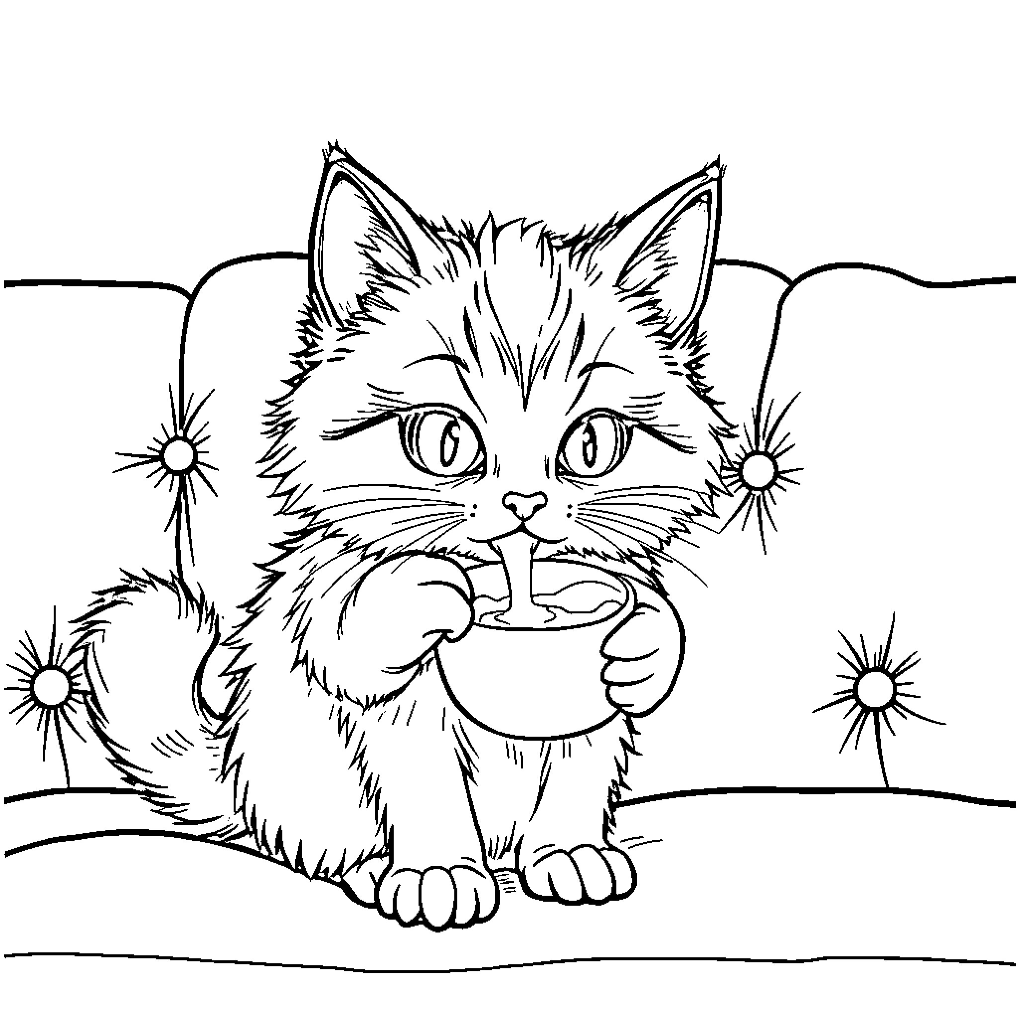 Cat enjoying a refreshing beverage in nature Coloring Page (free black-and-white line drawing printable PDF for all, from beginners to advanced learners, including children, teens, adults, and seniors)