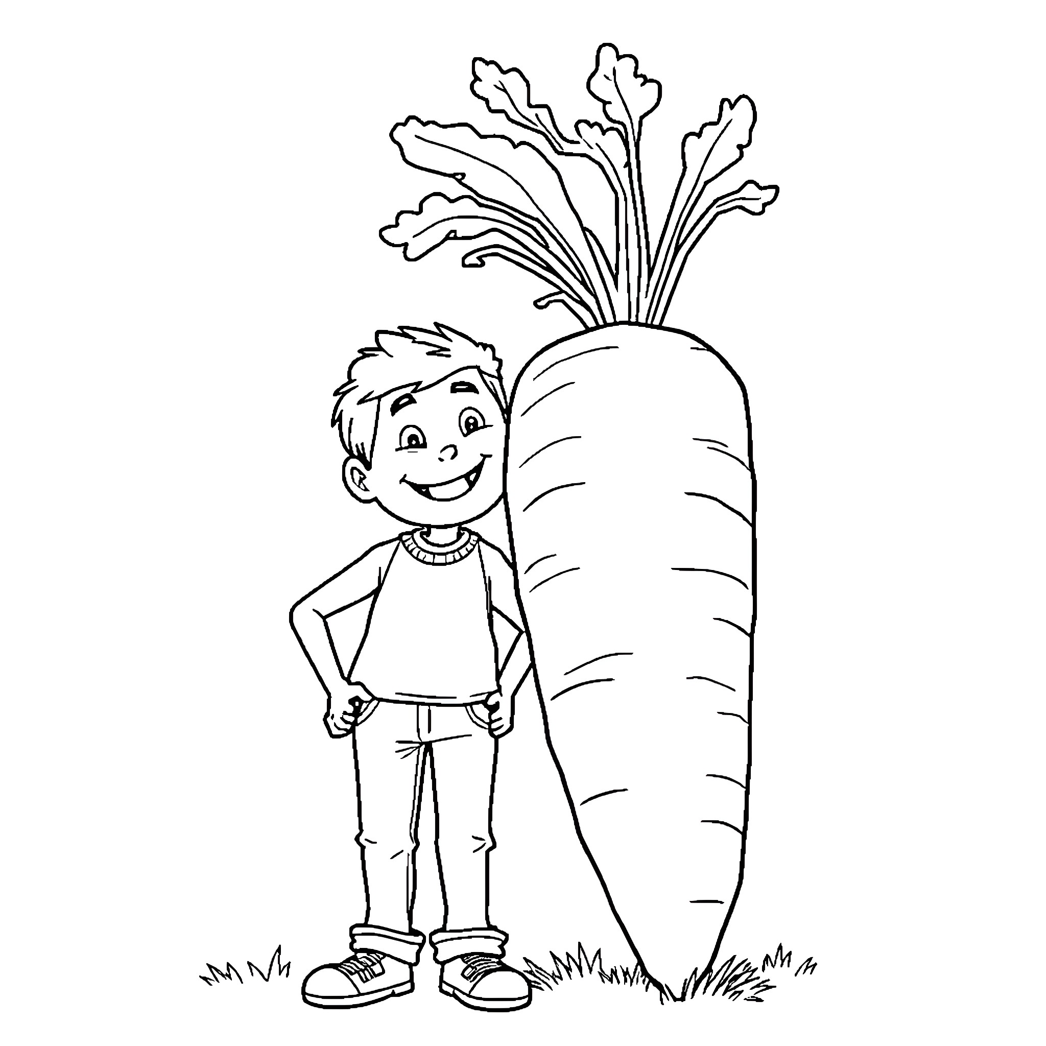 Person standing next to a large vegetable Coloring Page (free black-and-white line drawing printable PDF for all, from beginners to advanced learners, including children, teens, adults, and seniors)