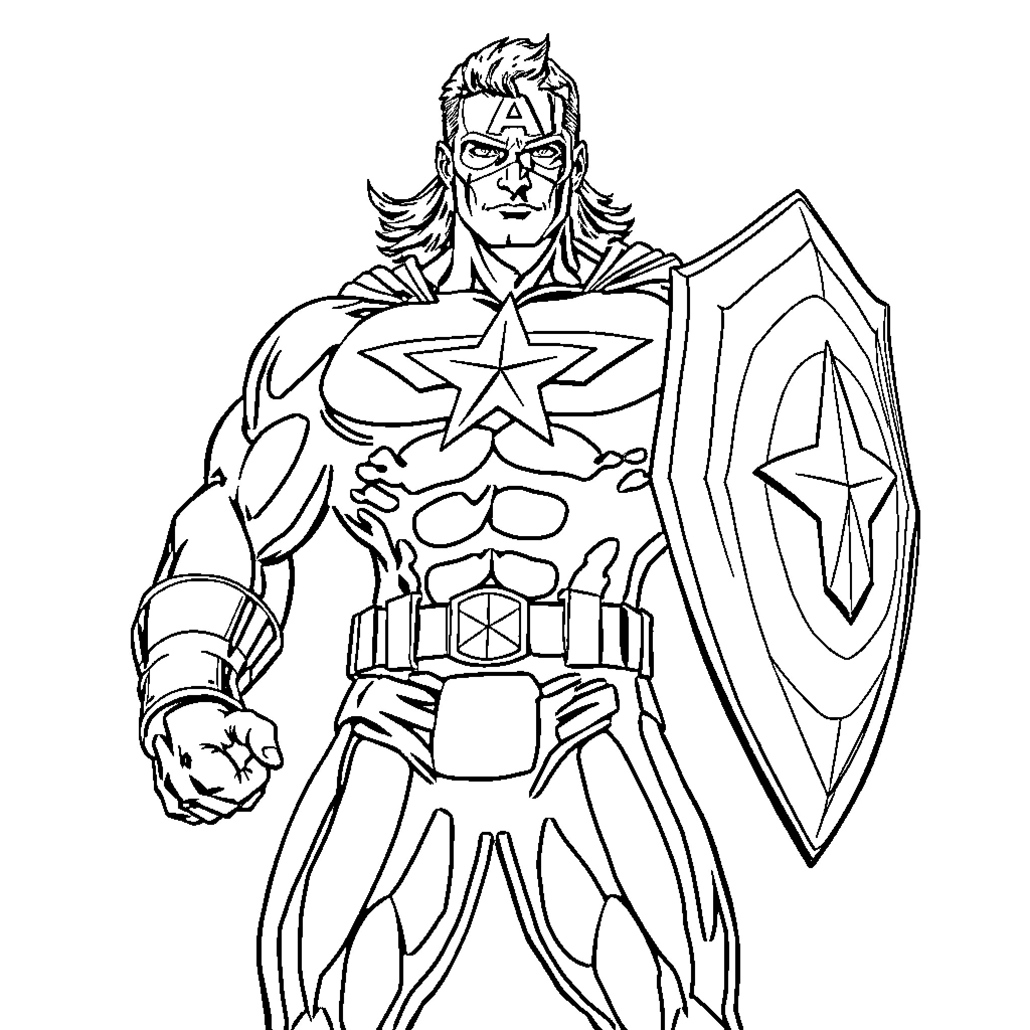 Captain America in Heroic Pose with Shield Coloring Page (free black-and-white line drawing printable PDF for all, from beginners to advanced learners, including children, teens, adults, and seniors)