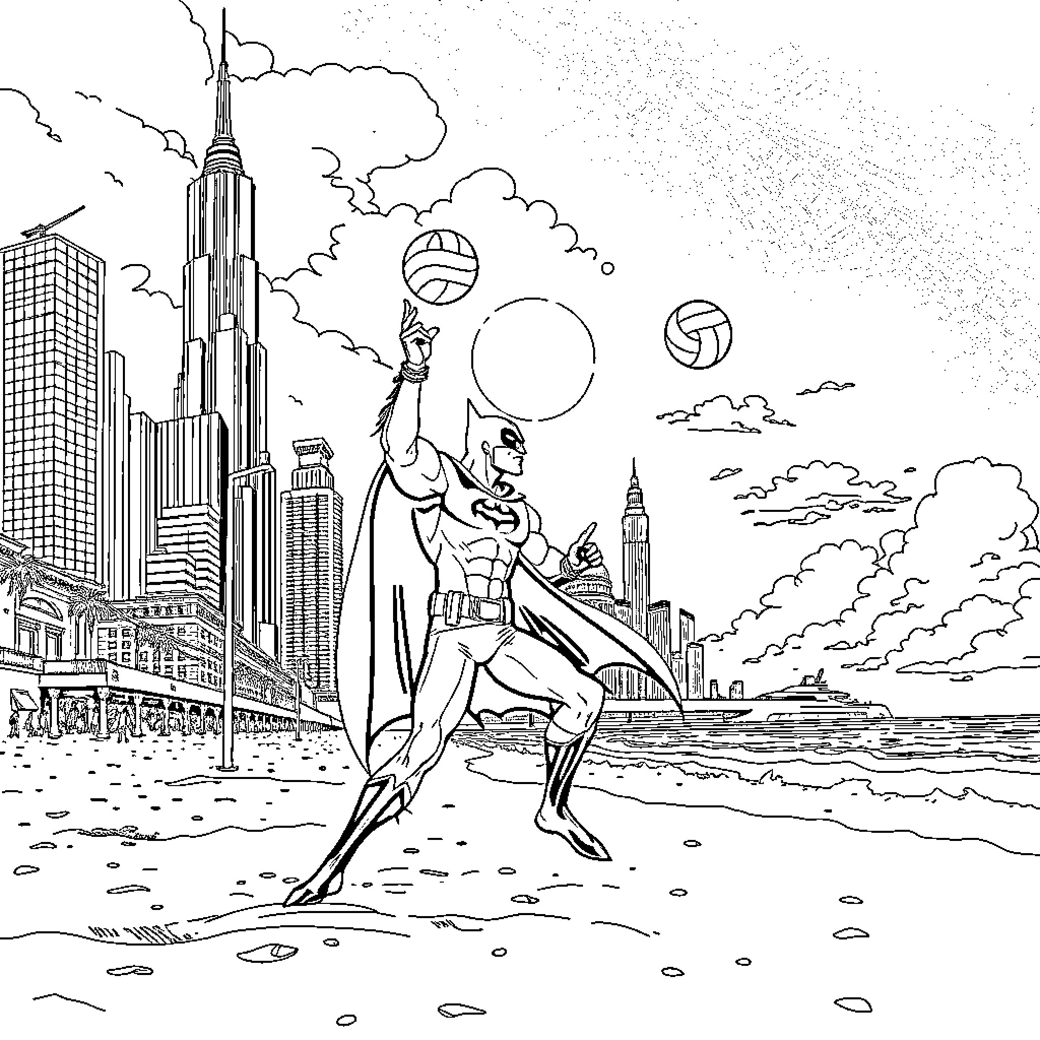 Batman Juggling Balls on a Beachfront City Skyline Coloring Page (free black-and-white line drawing printable PDF for all, from beginners to advanced learners, including children, teens, adults, and seniors)