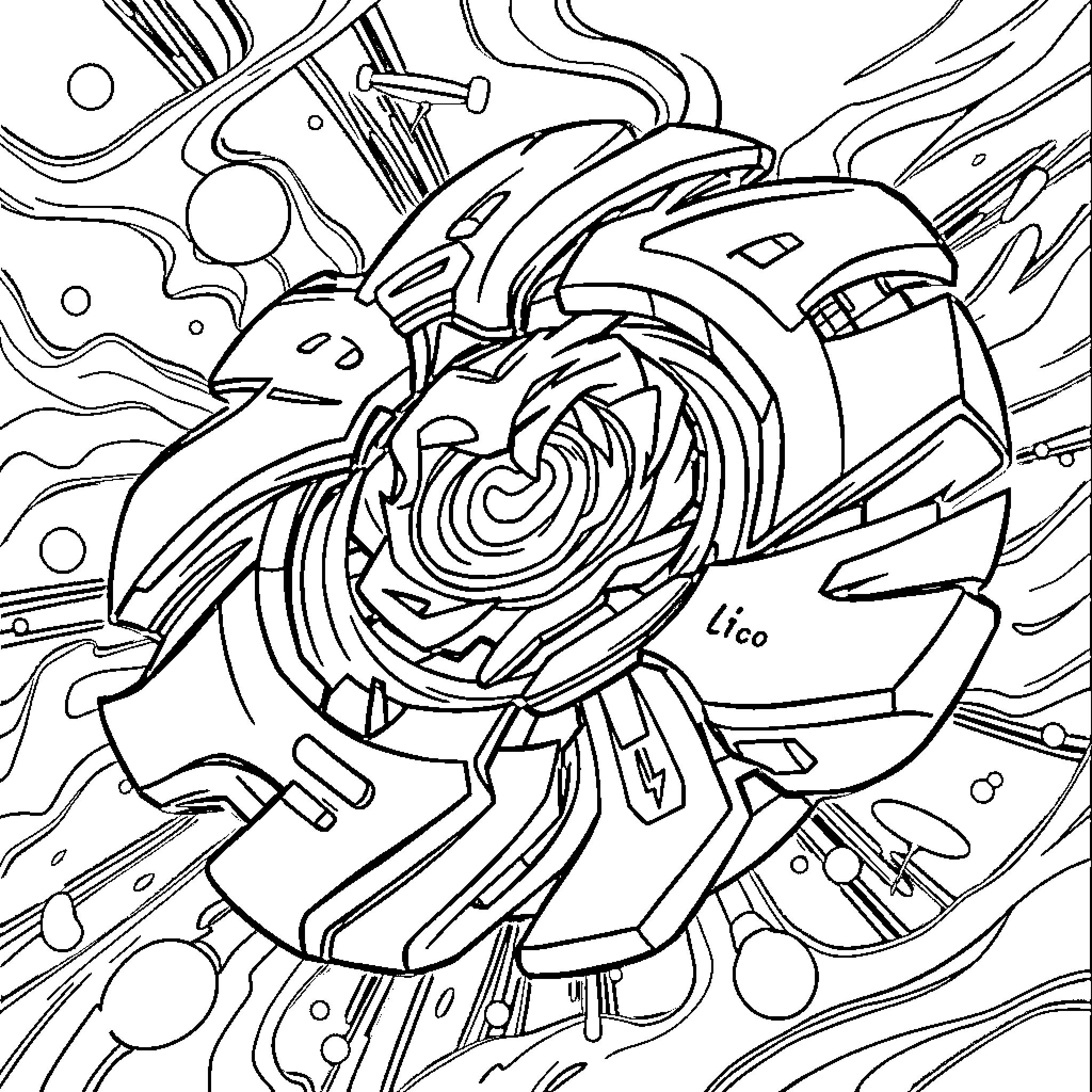 Beyblade Blaster Action Spinning Battle Coloring Page (free black-and-white line drawing printable PDF for all, from beginners to advanced learners, including children, teens, adults, and seniors)