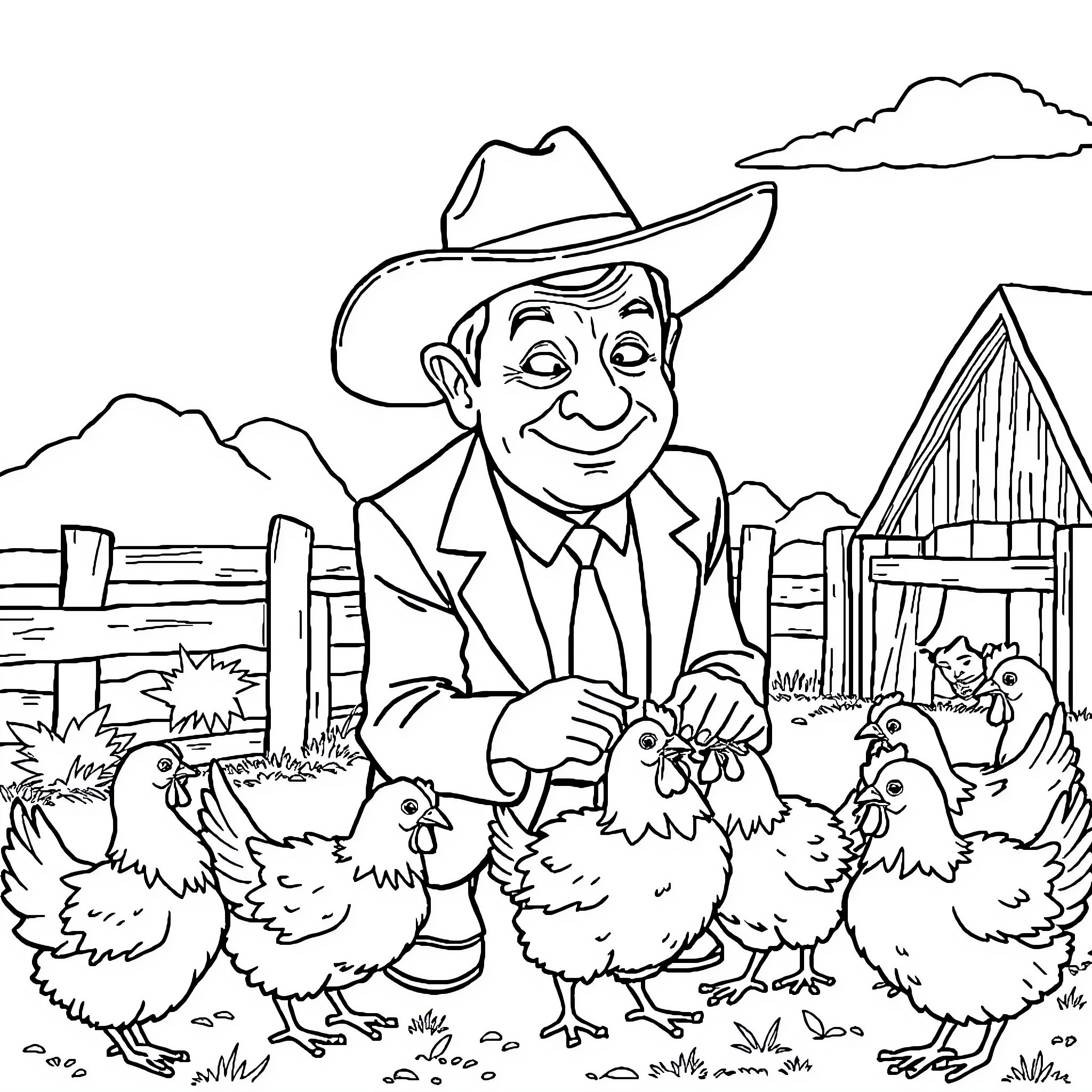 Mr Bean's Comical Farmyard Antics Coloring Page (free black-and-white line drawing printable PDF for all, from beginners to advanced learners, including children, teens, adults, and seniors)