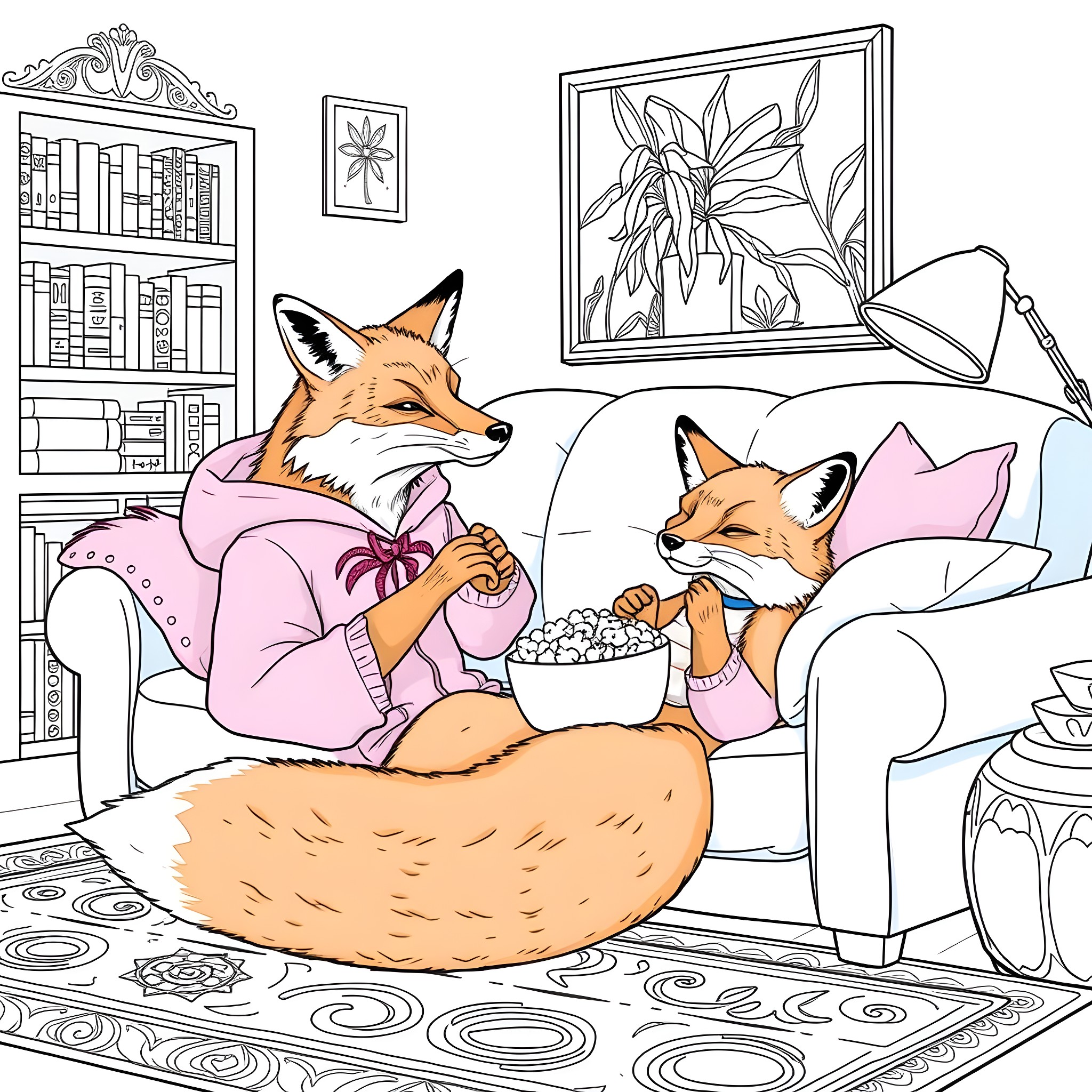 Foxes Relaxing and Enjoying Snacks on the Cozy Sofa Coloring Page (free black-and-white line drawing printable PDF for all, from beginners to advanced learners, including children, teens, adults, and seniors)