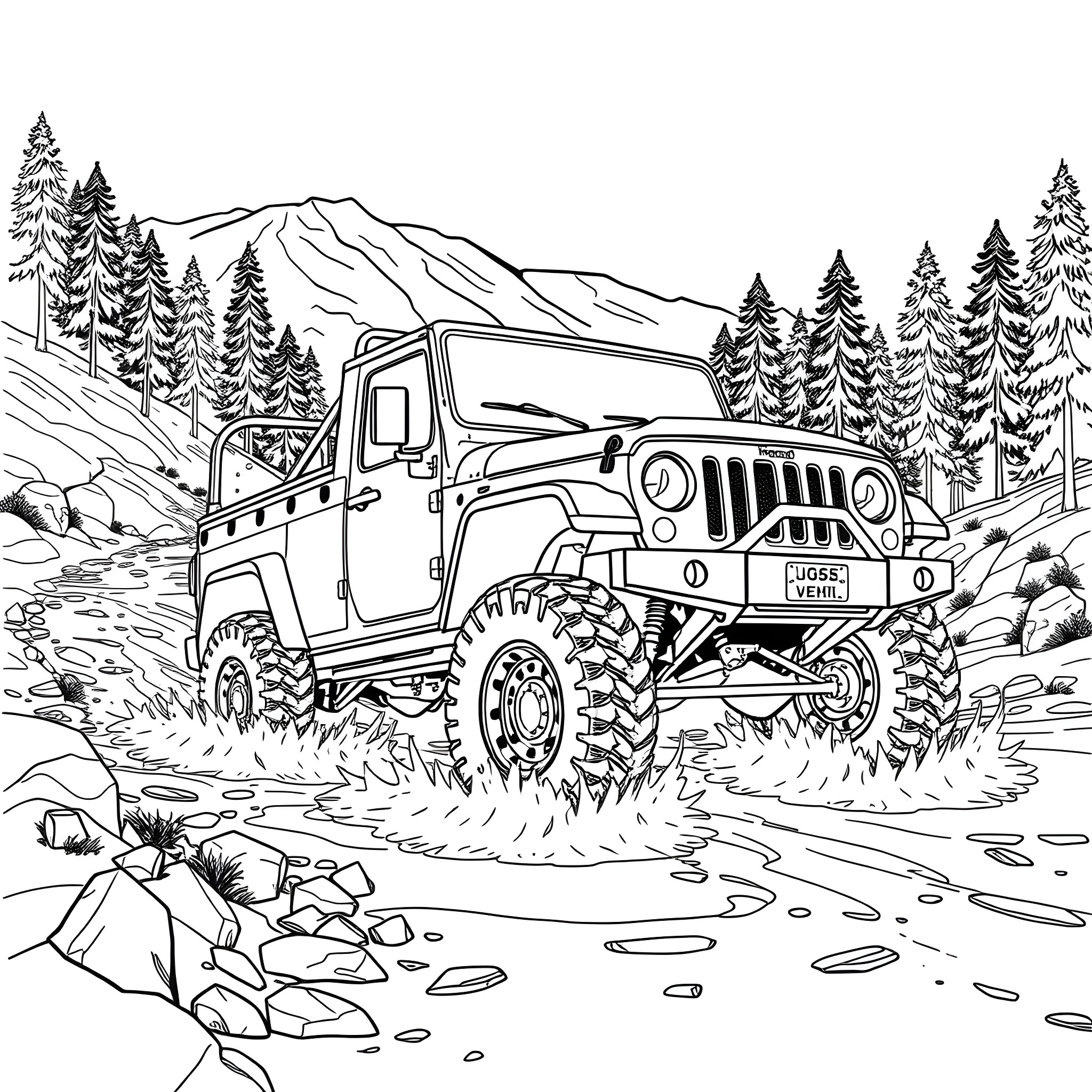 Truck off-roading through rugged mountain terrain Coloring Page (free black-and-white line drawing printable PDF for all, from beginners to advanced learners, including children, teens, adults, and seniors)
