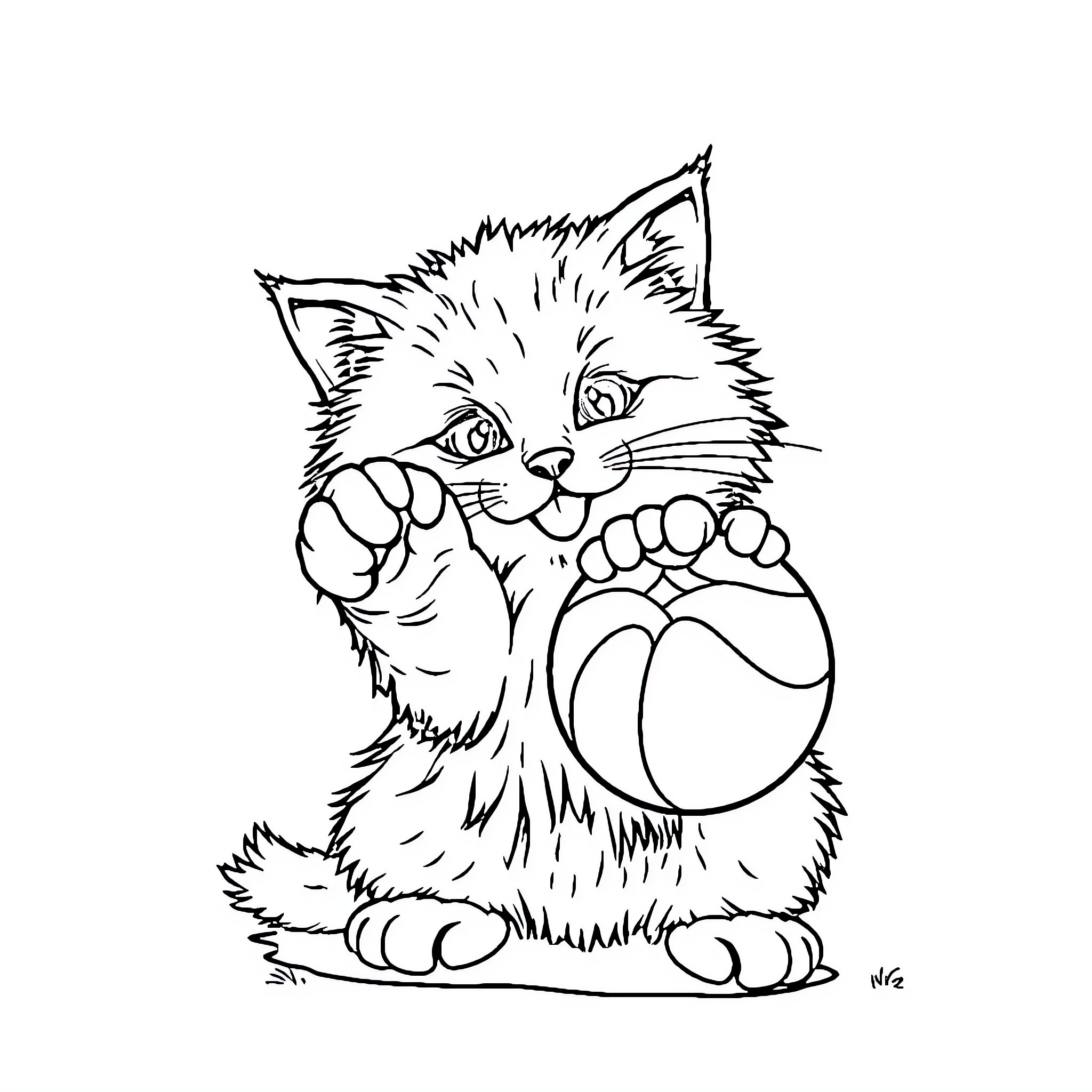 Cat playing with a ball Coloring Page (free black-and-white line drawing printable PDF for all, from beginners to advanced learners, including children, teens, adults, and seniors)