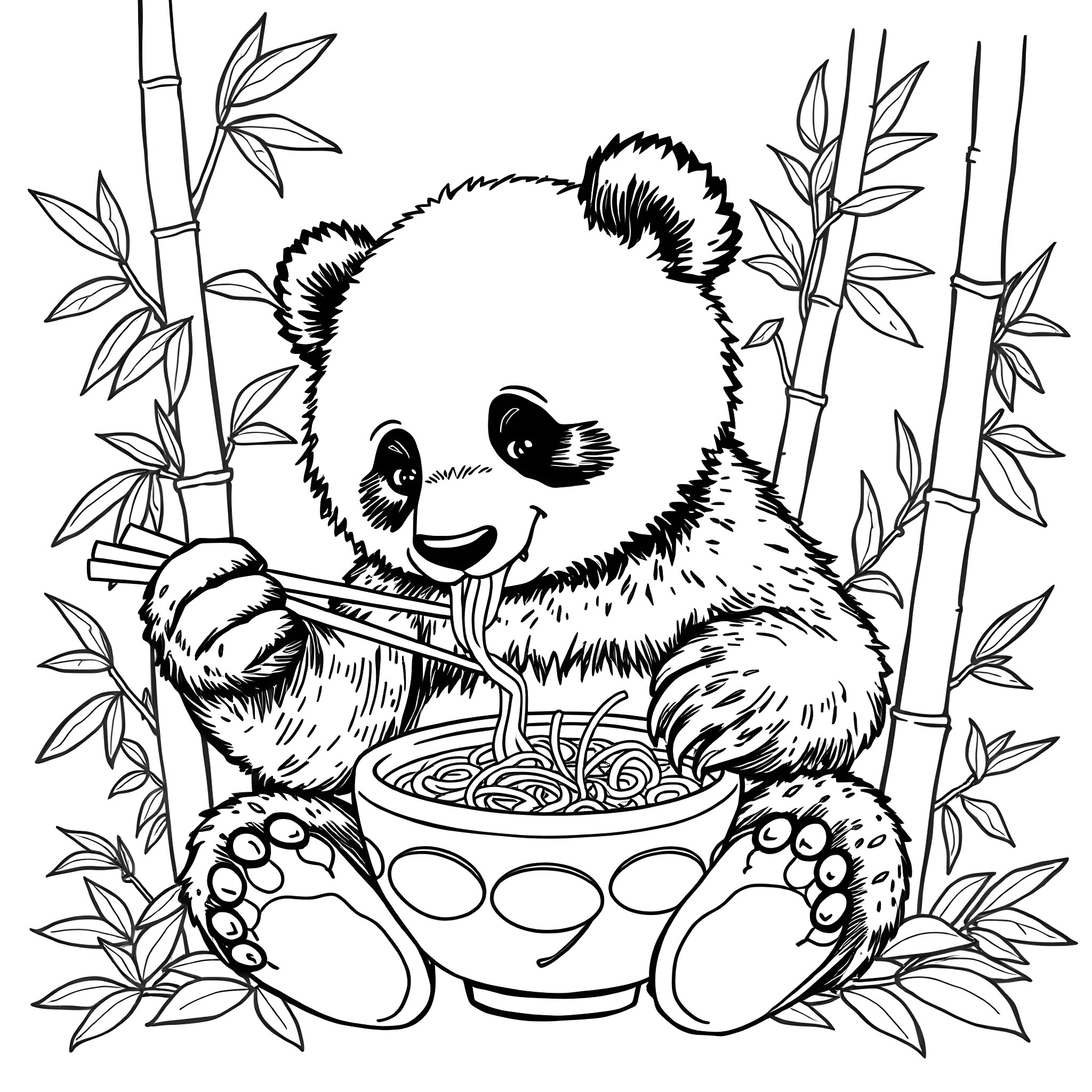 Panda enjoying a delightful meal in a bamboo forest Coloring Page (free black-and-white line drawing printable PDF for all, from beginners to advanced learners, including children, teens, adults, and seniors)
