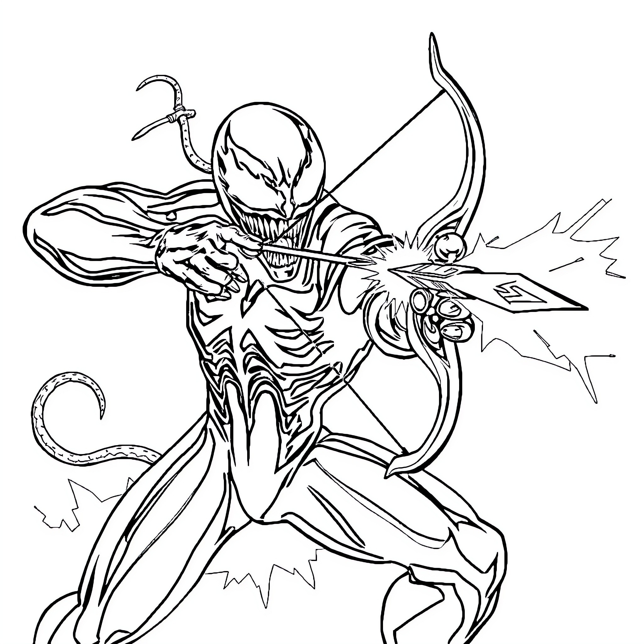 Venom Warrior Brandishing Weapon in Action Coloring Page (free black-and-white line drawing printable PDF for all, from beginners to advanced learners, including children, teens, adults, and seniors)