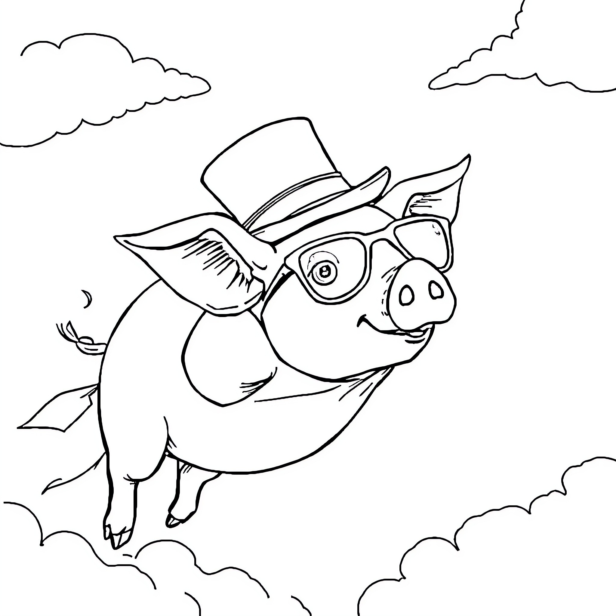 Pig in a top hat flying among clouds Coloring Page (free black-and-white line drawing printable PDF for all, from beginners to advanced learners, including children, teens, adults, and seniors)