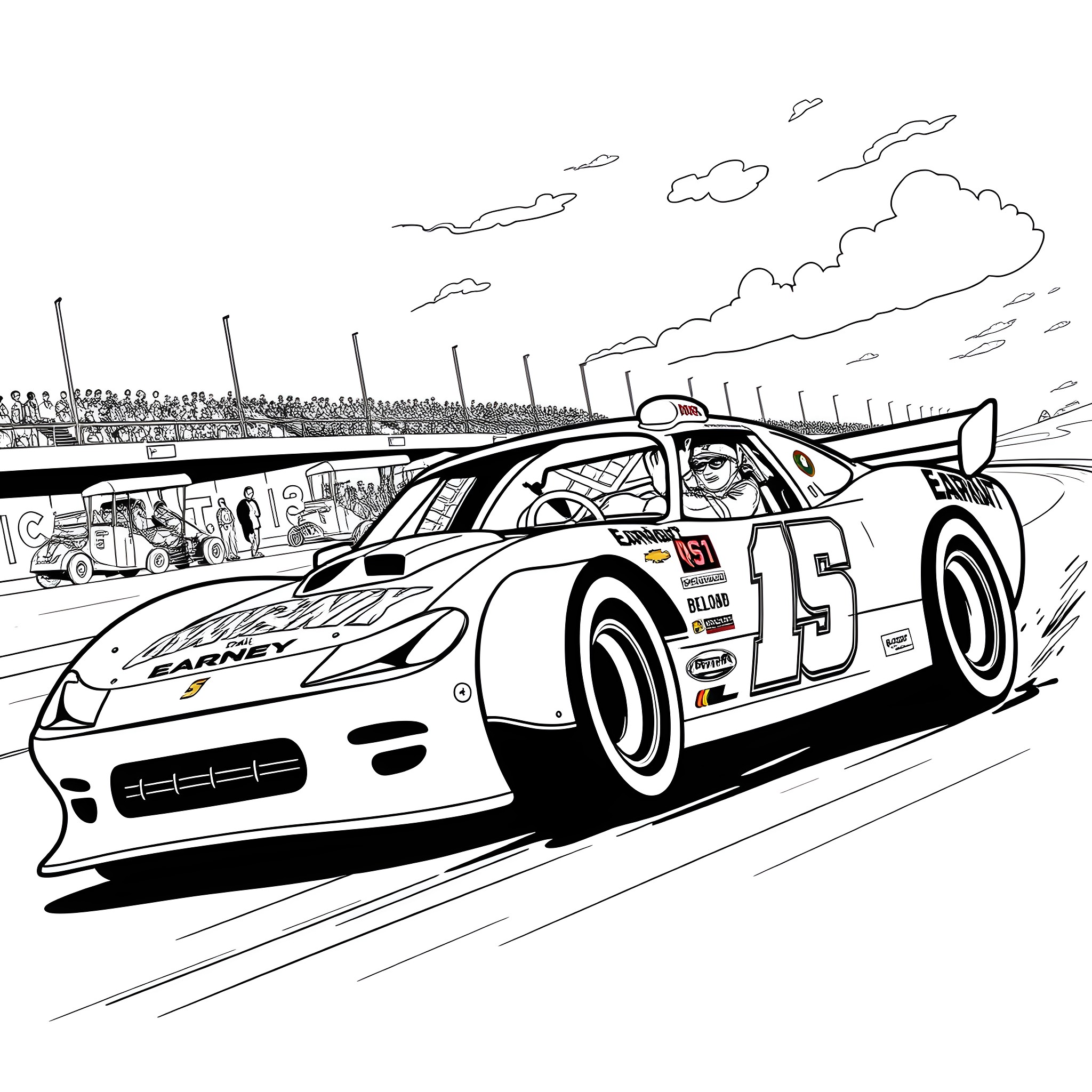 Dale Earnhardt's Racecar Speeding on the Track Coloring Page (free black-and-white line drawing printable PDF for all, from beginners to advanced learners, including children, teens, adults, and seniors)