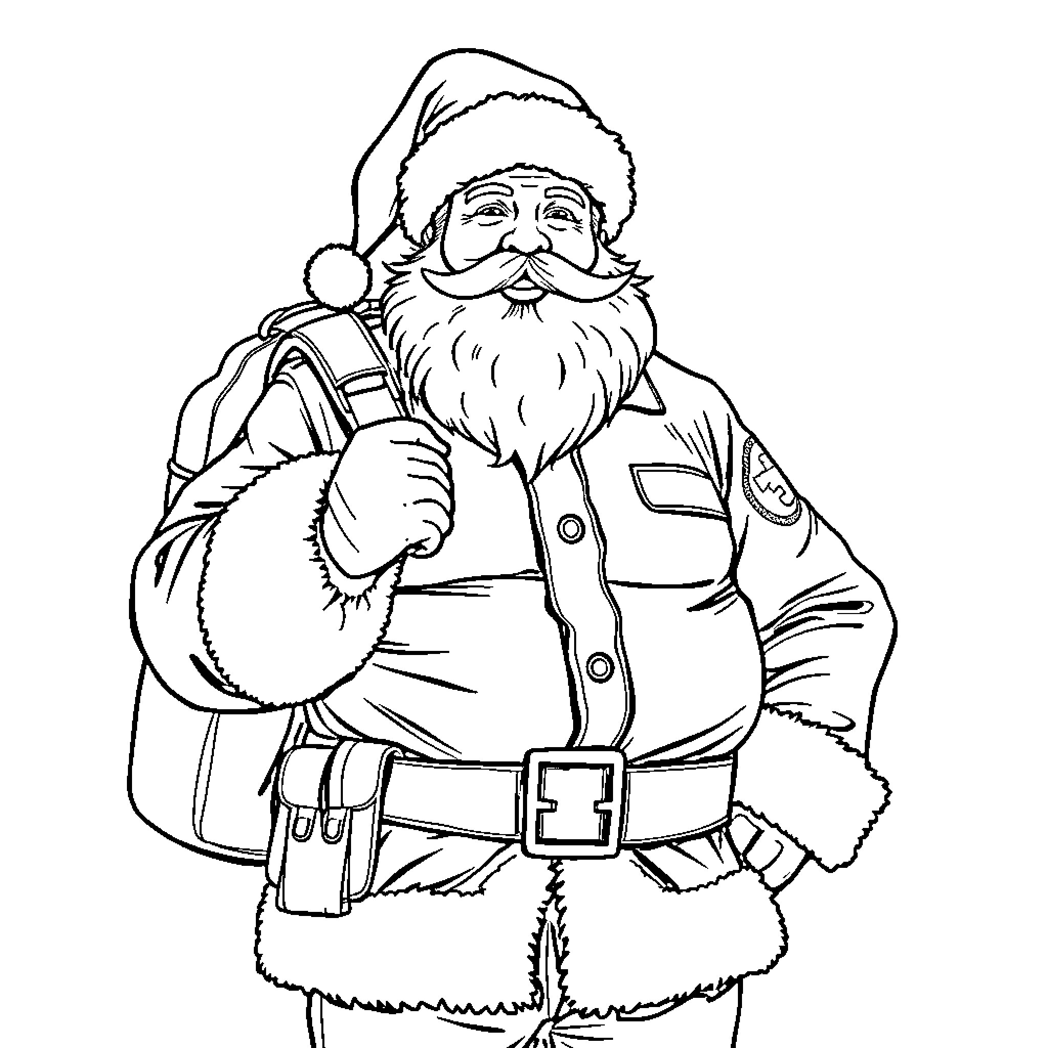 Santa preparing for Christmas adventure Coloring Page (free black-and-white line drawing printable PDF for all, from beginners to advanced learners, including children, teens, adults, and seniors)
