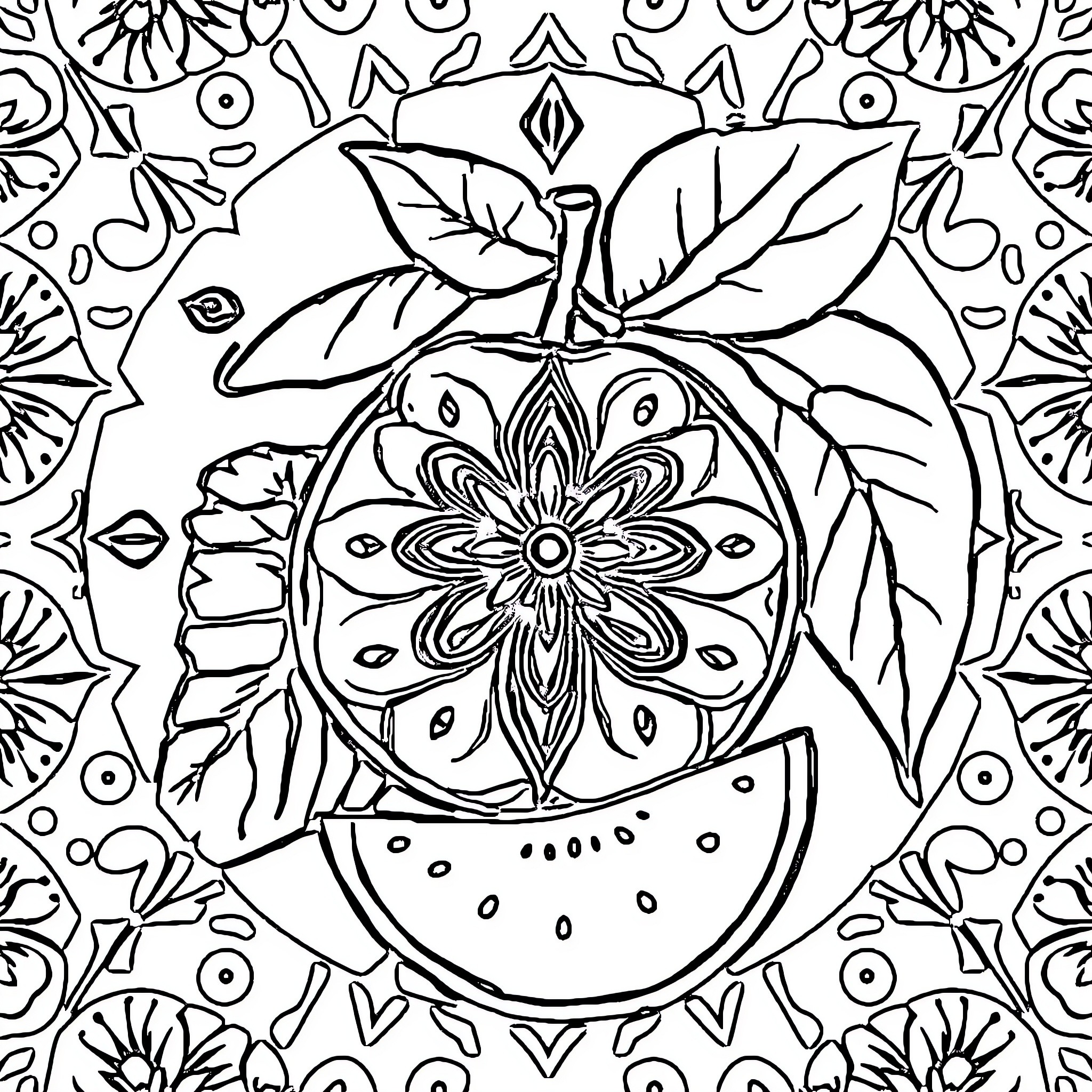 Fruit Mandala with Decorative Patterns Coloring Page (free black-and-white line drawing printable PDF for all, from beginners to advanced learners, including children, teens, adults, and seniors)