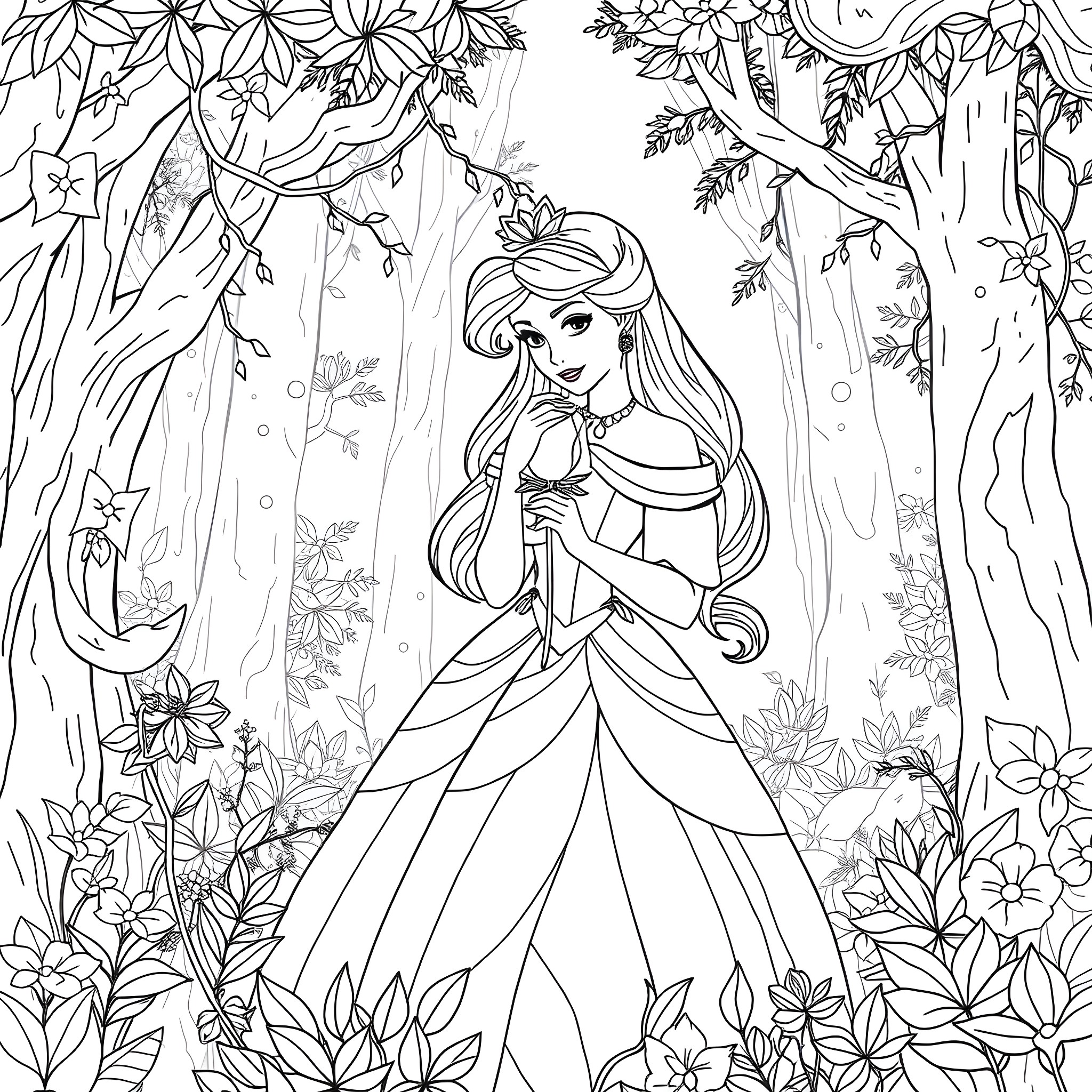 Aurora's Enchanted Forest Adventure Coloring Page (free black-and-white line drawing printable PDF for all, from beginners to advanced learners, including children, teens, adults, and seniors)