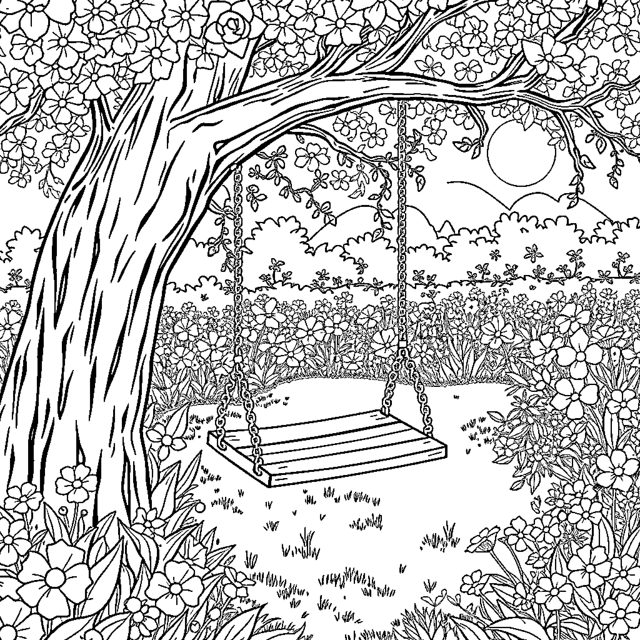 Swing in Floral Garden Landscape Coloring Page (free black-and-white line drawing printable PDF for all, from beginners to advanced learners, including children, teens, adults, and seniors)