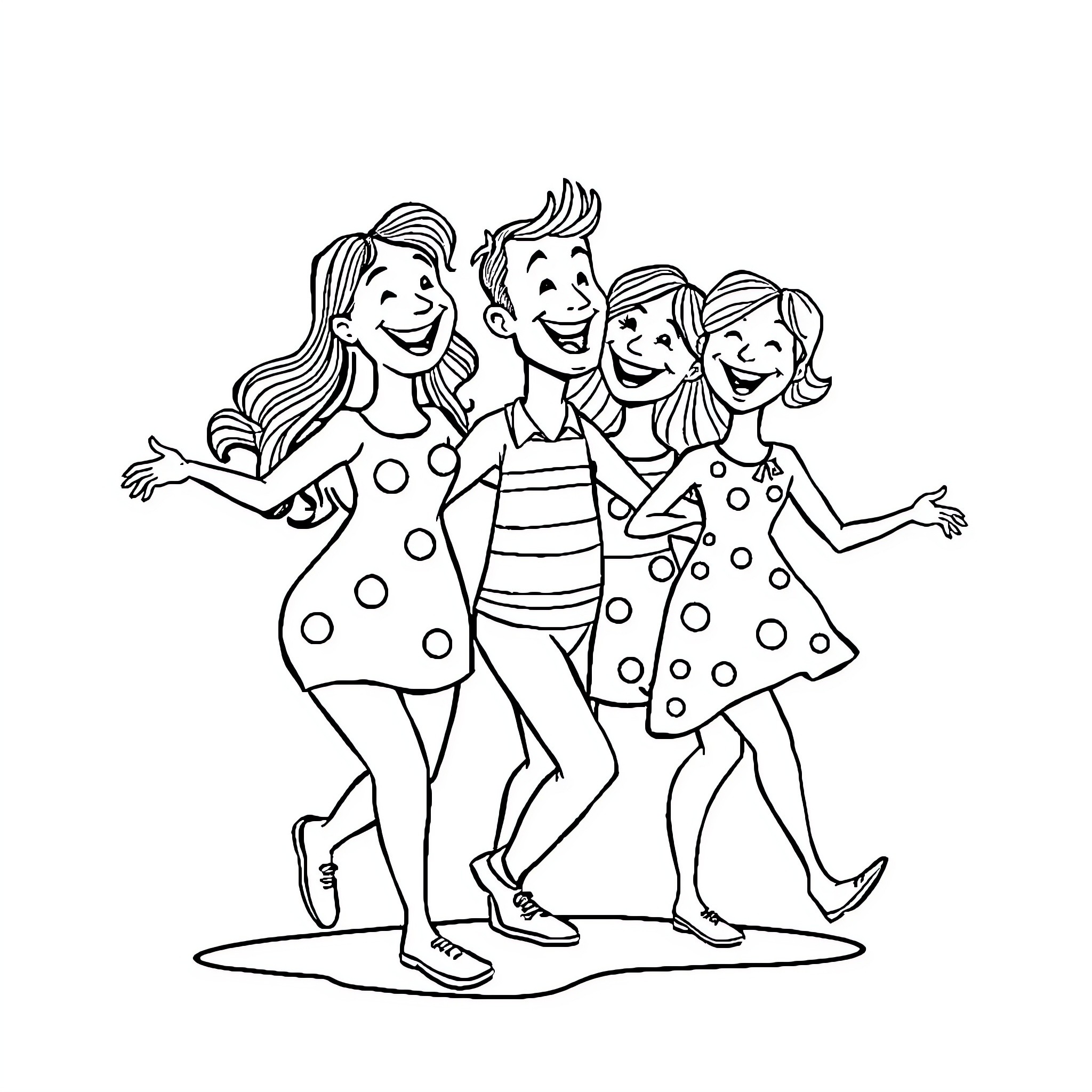 Wiggle with Friends in Polka Dot Outfits Coloring Page (free black-and-white line drawing printable PDF for all, from beginners to advanced learners, including children, teens, adults, and seniors)