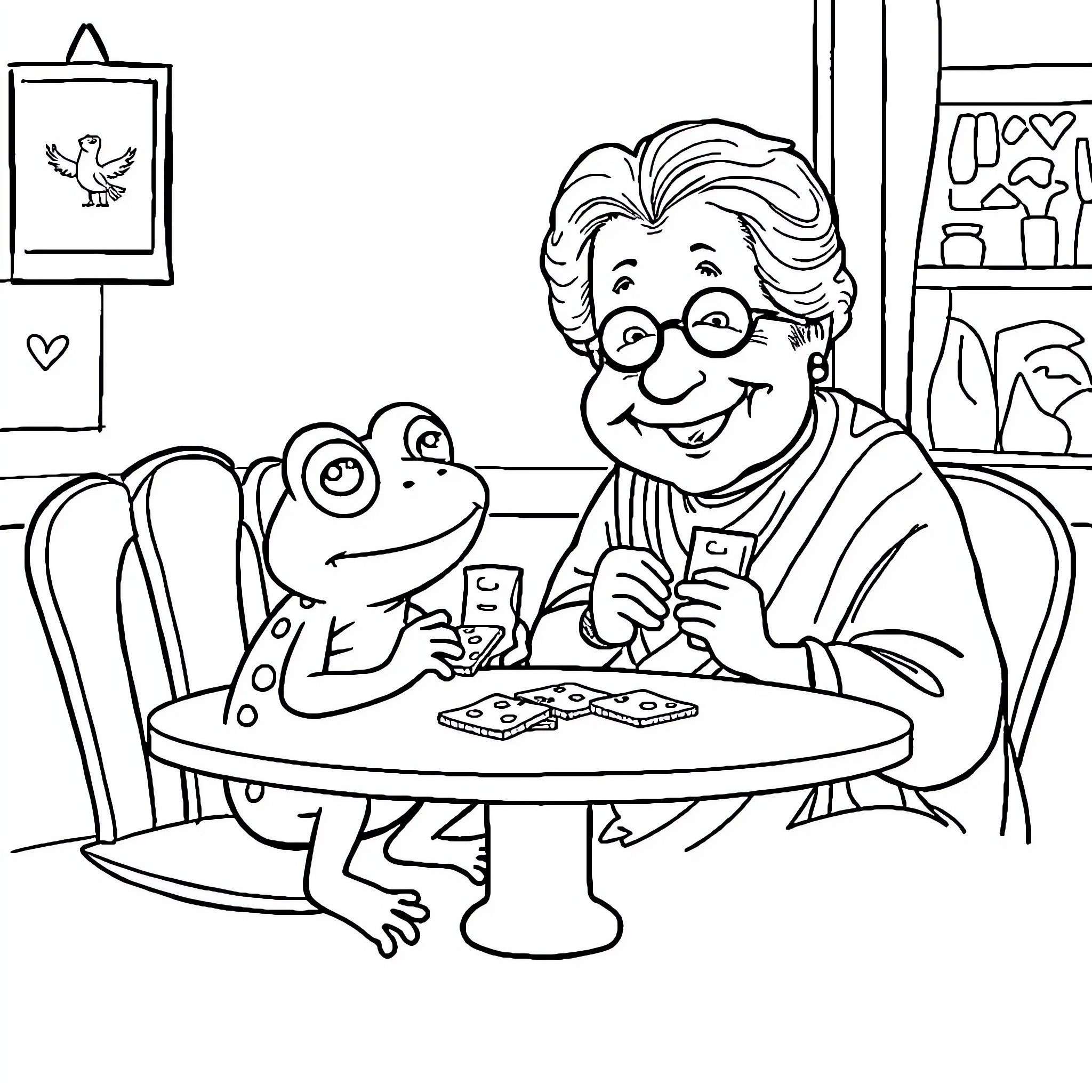Frog and grandmother having a game day Coloring Page (free black-and-white line drawing printable PDF for all, from beginners to advanced learners, including children, teens, adults, and seniors)
