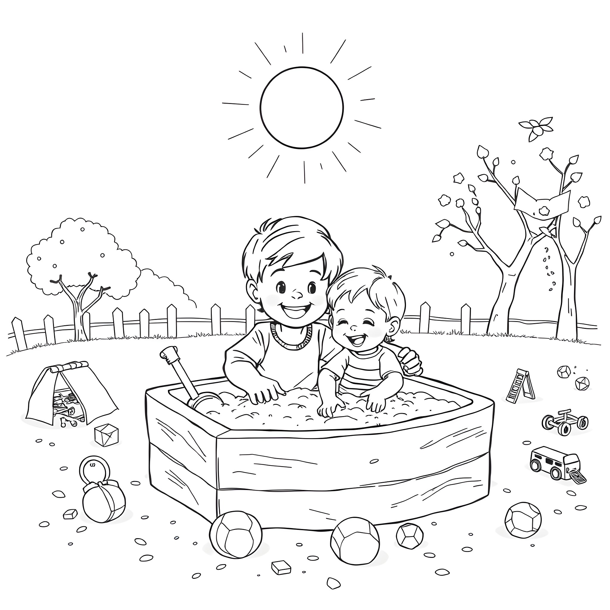 Brother playing joyfully with sibling in the sandbox Coloring Page (free black-and-white line drawing printable PDF for all, from beginners to advanced learners, including children, teens, adults, and seniors)