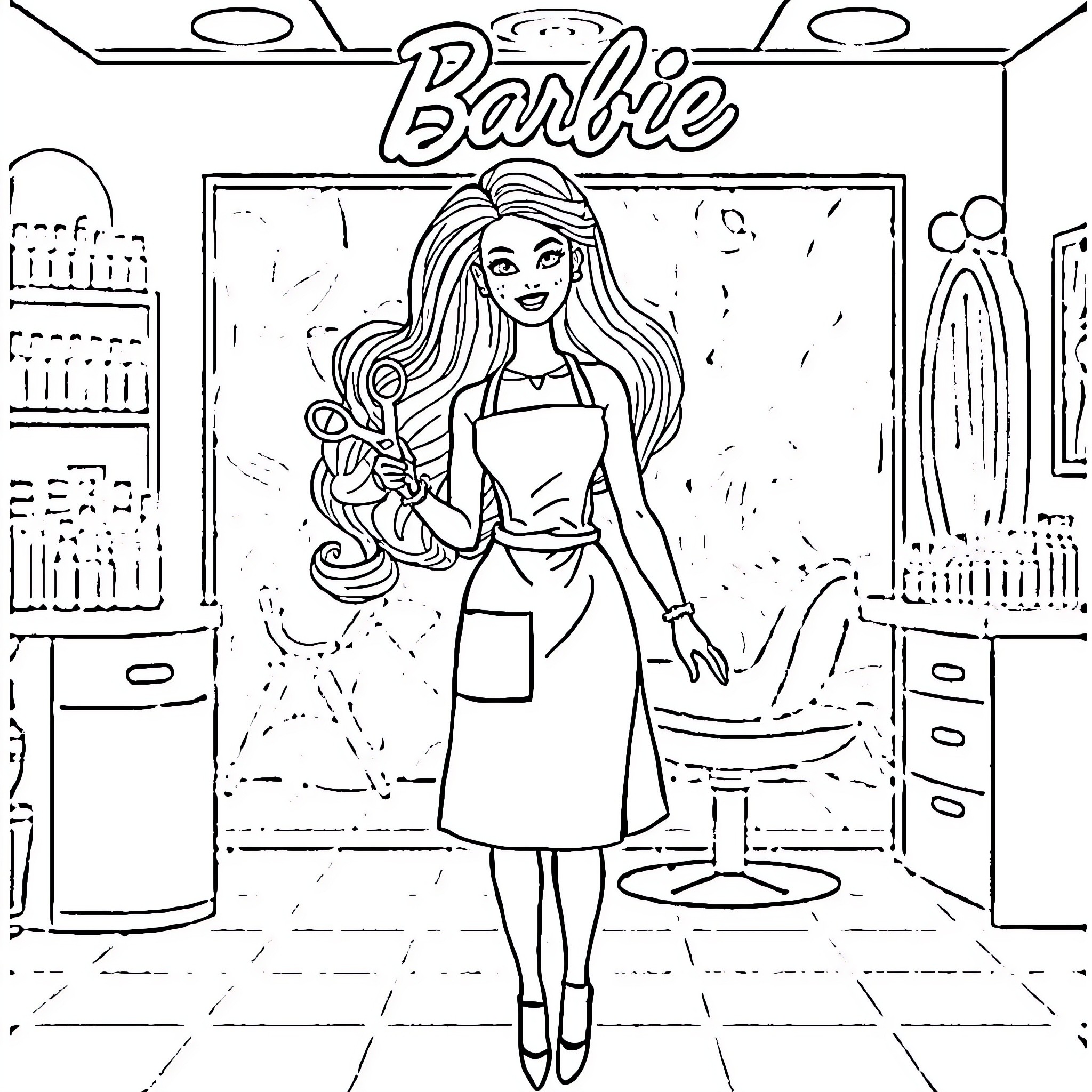 Barbie in a Cozy Kitchen Scene Coloring Page (free black-and-white line drawing printable PDF for all, from beginners to advanced learners, including children, teens, adults, and seniors)