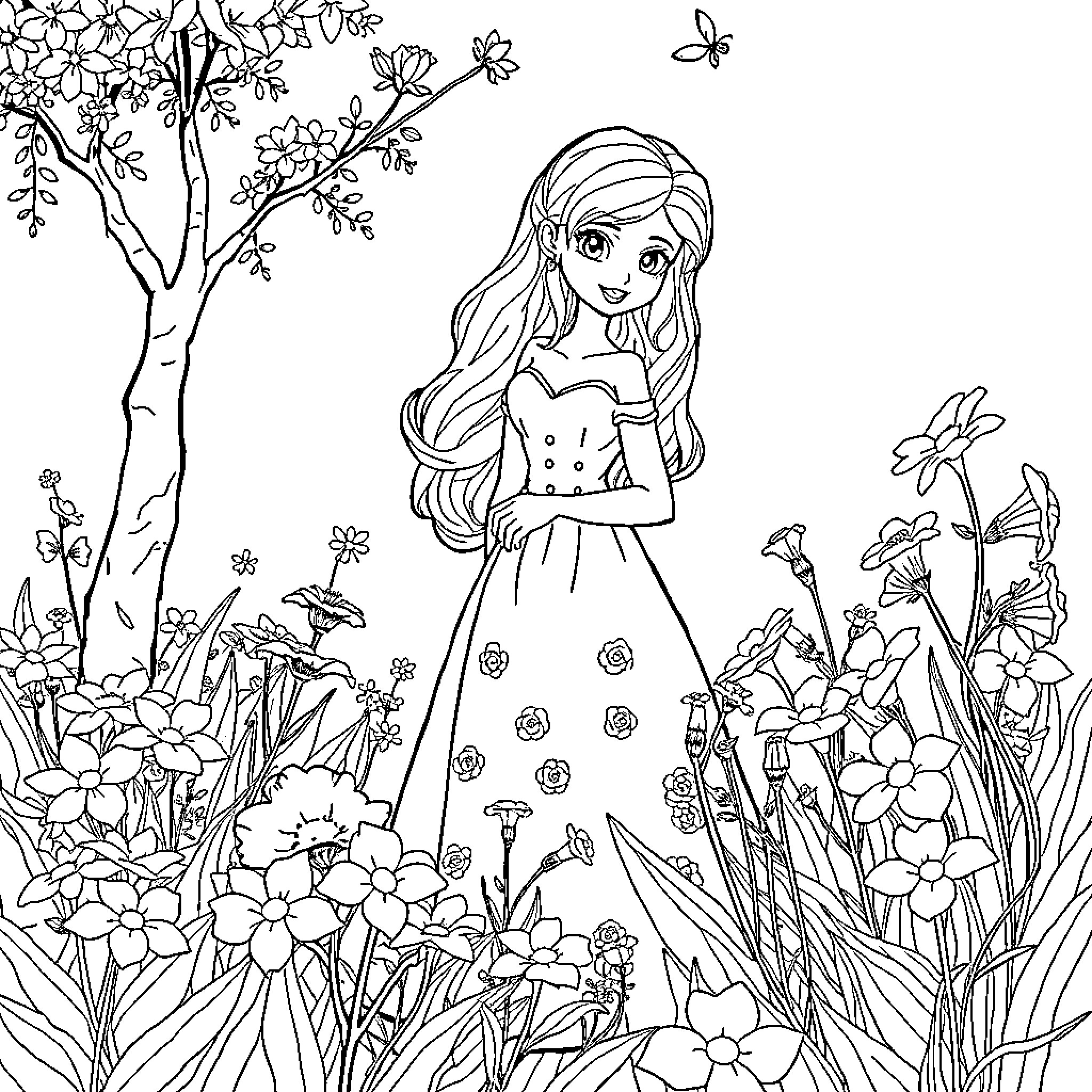 Rosita Fresita enjoying a lovely spring day in the garden Coloring Page (free black-and-white line drawing printable PDF for all, from beginners to advanced learners, including children, teens, adults, and seniors)