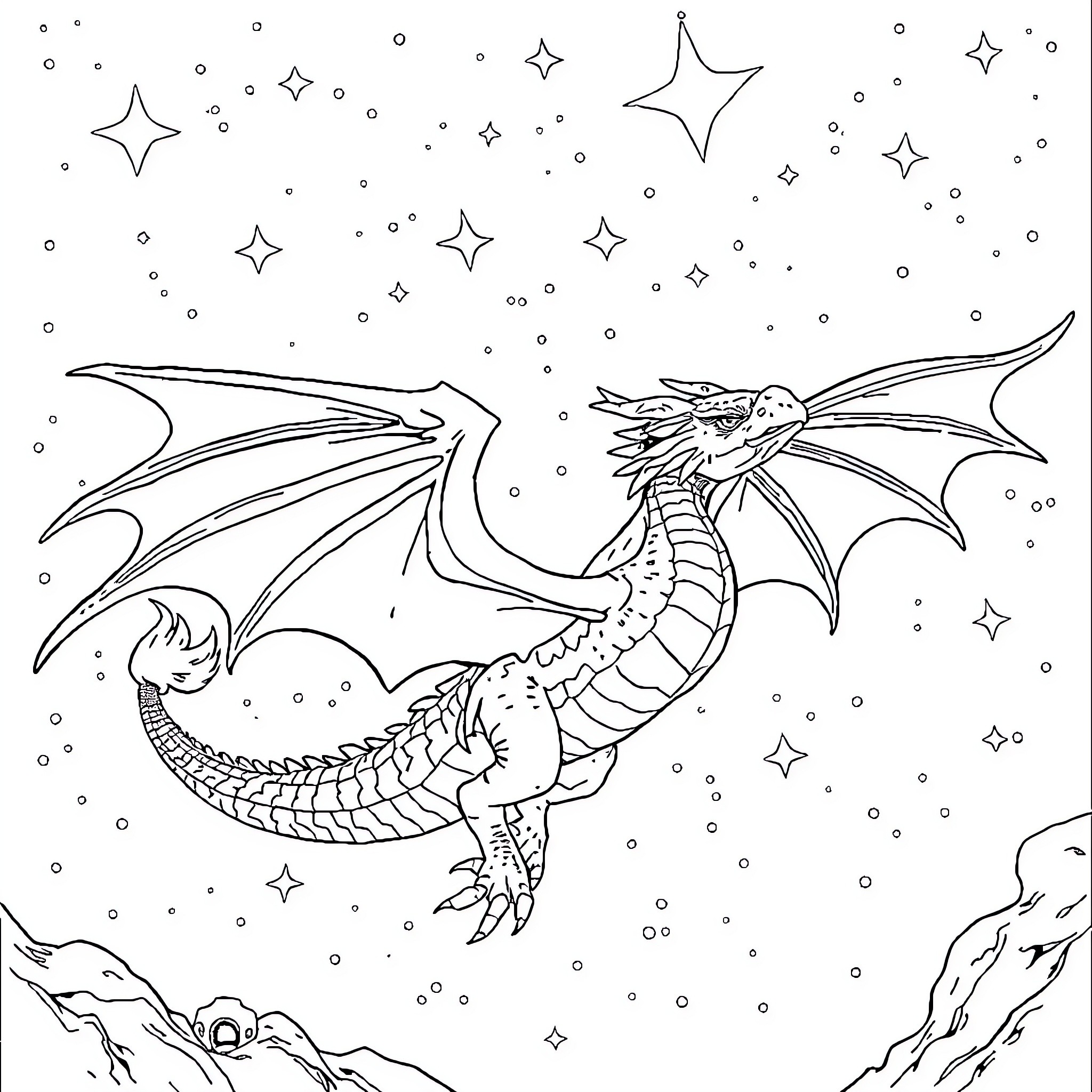 Dragon soaring through the starry night sky Coloring Page (free black-and-white line drawing printable PDF for all, from beginners to advanced learners, including children, teens, adults, and seniors)