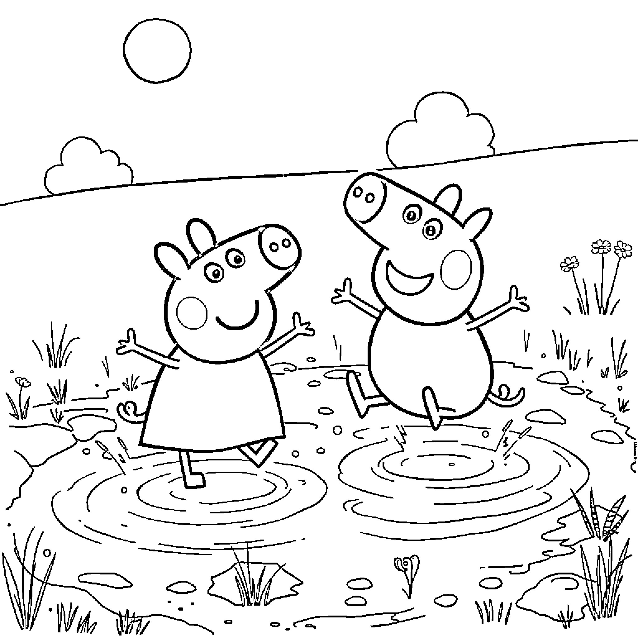 Peppa Pig and friends playing in puddles Coloring Page (free black-and-white line drawing printable PDF for all, from beginners to advanced learners, including children, teens, adults, and seniors)