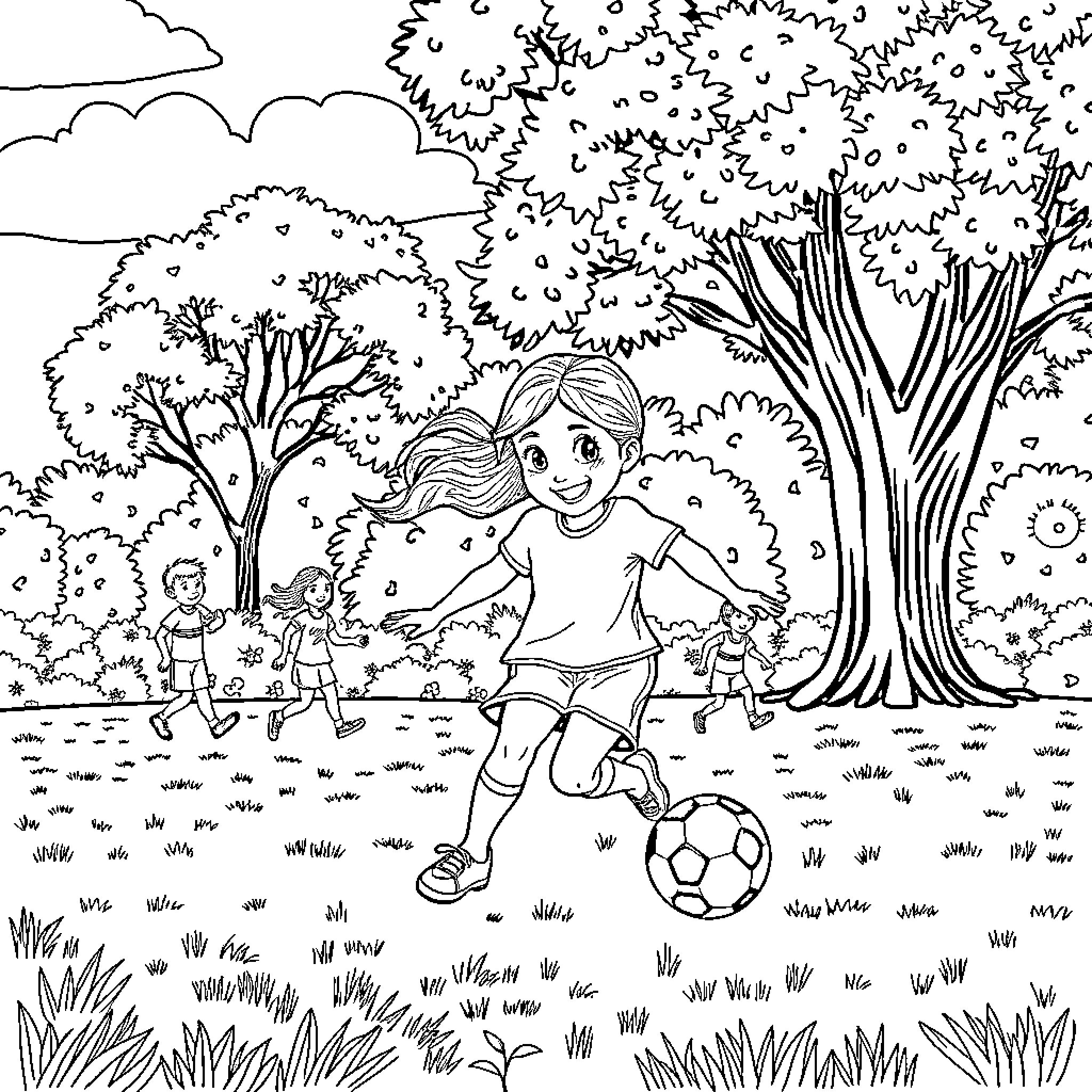 Mira playing with friends in the park Coloring Page (free black-and-white line drawing printable PDF for all, from beginners to advanced learners, including children, teens, adults, and seniors)