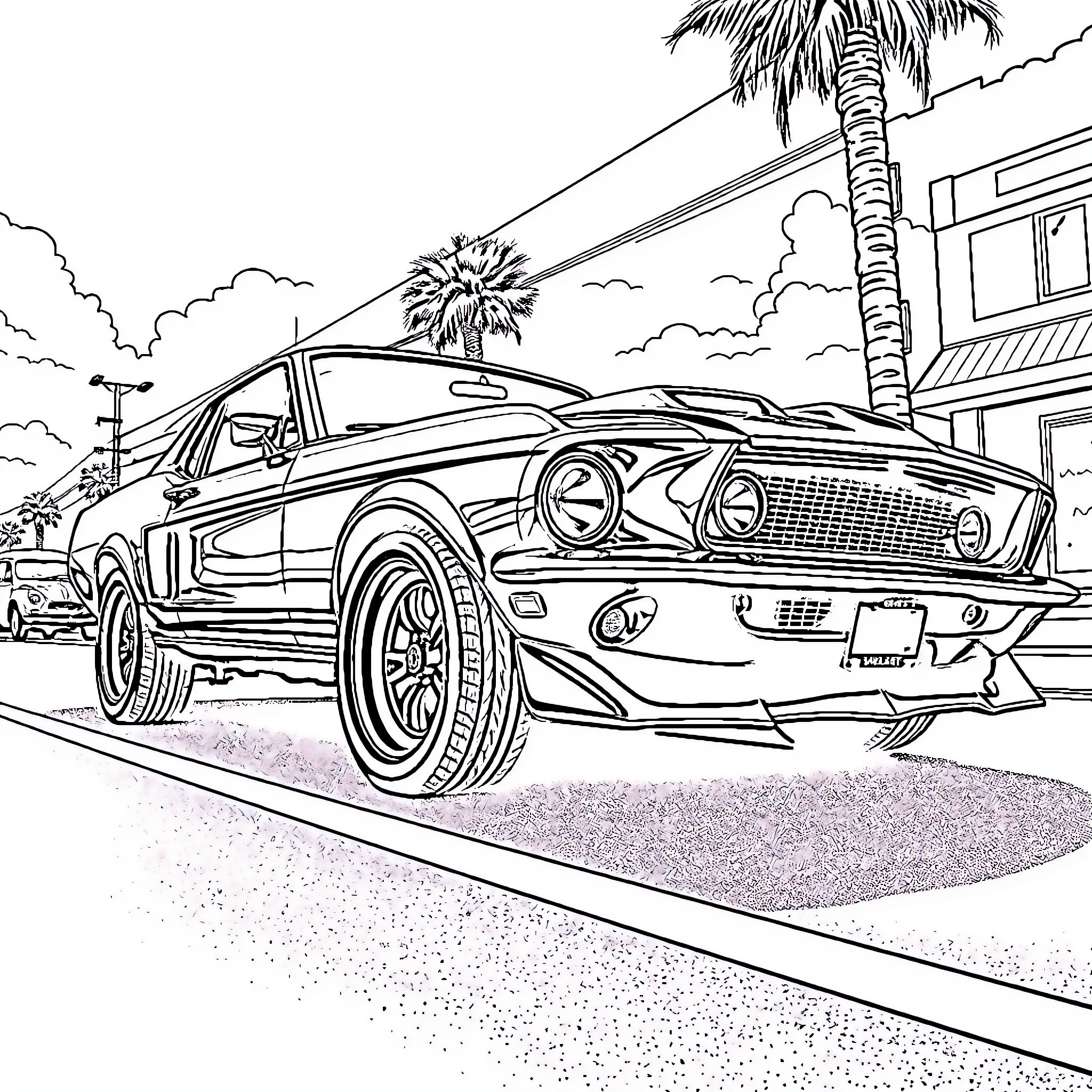 Mustang muscle car speeding down palm-lined city street Coloring Page (free black-and-white line drawing printable PDF for all, from beginners to advanced learners, including children, teens, adults, and seniors)