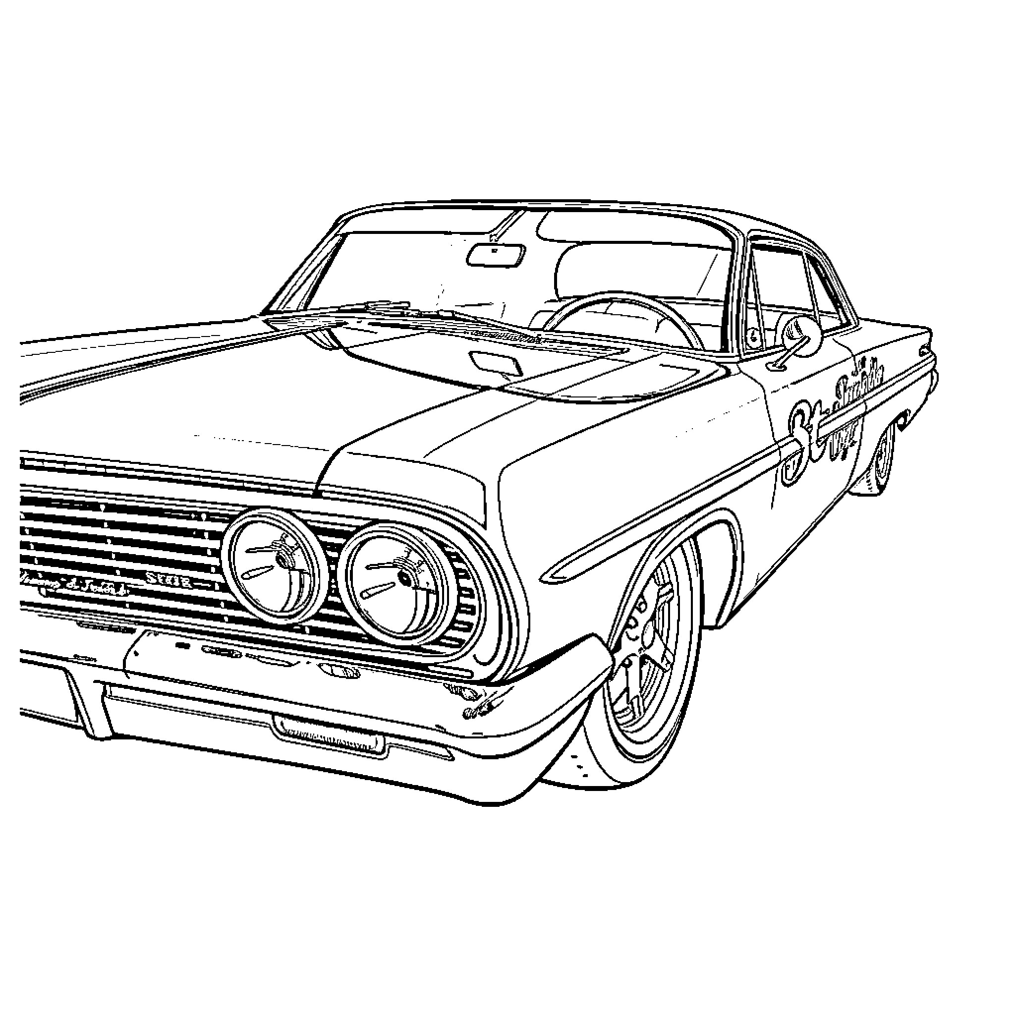Impala classic muscle car in outline art Coloring Page (free black-and-white line drawing printable PDF for all, from beginners to advanced learners, including children, teens, adults, and seniors)