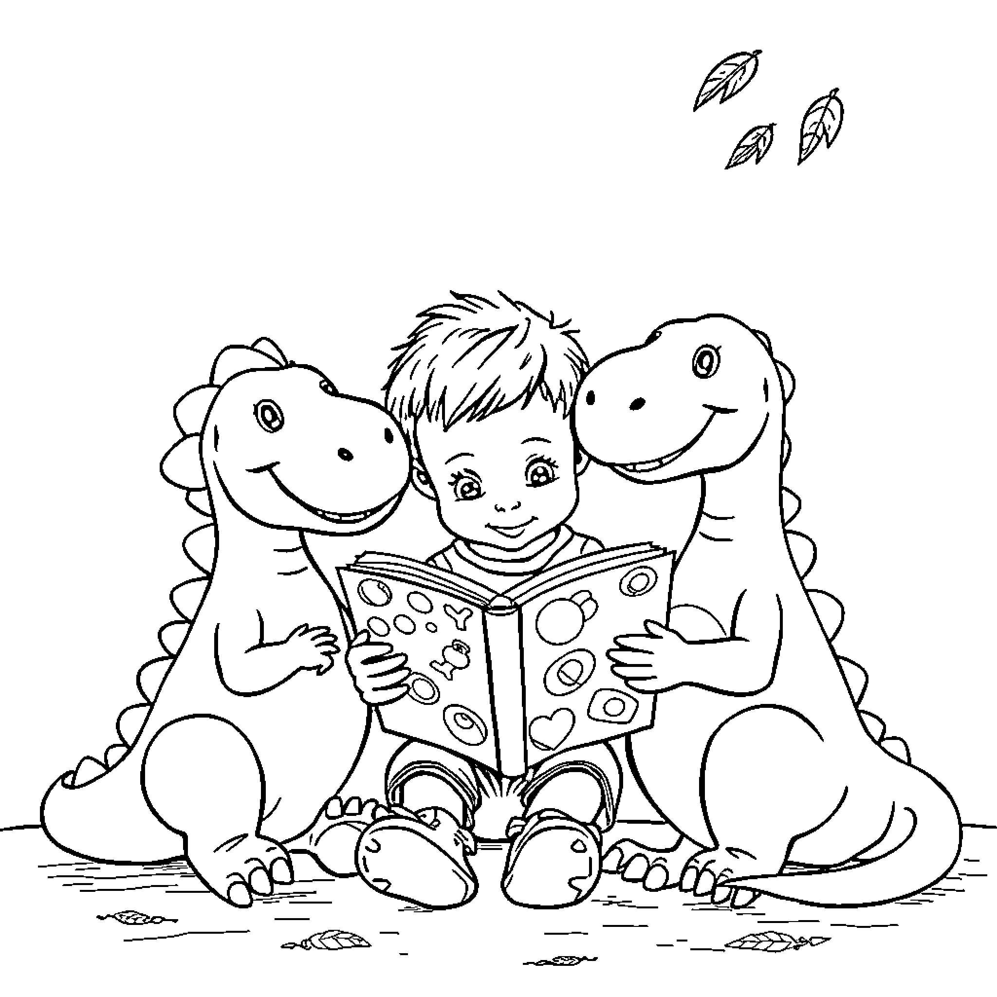 Dinosaur friends reading a book together Coloring Page (free black-and-white line drawing printable PDF for all, from beginners to advanced learners, including children, teens, adults, and seniors)