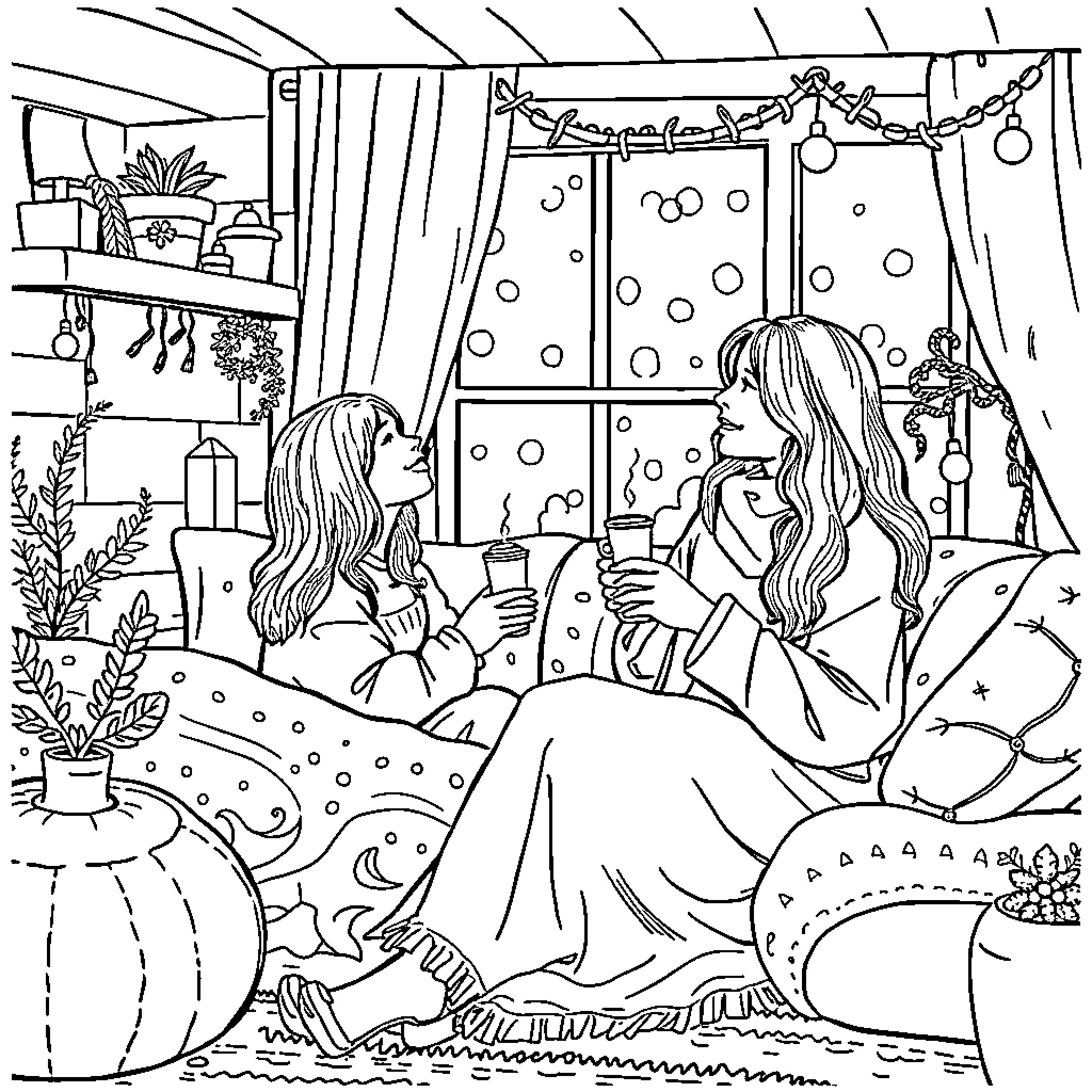 Woman enjoying cozy winter evening at home Coloring Page (free black-and-white line drawing printable PDF for all, from beginners to advanced learners, including children, teens, adults, and seniors)