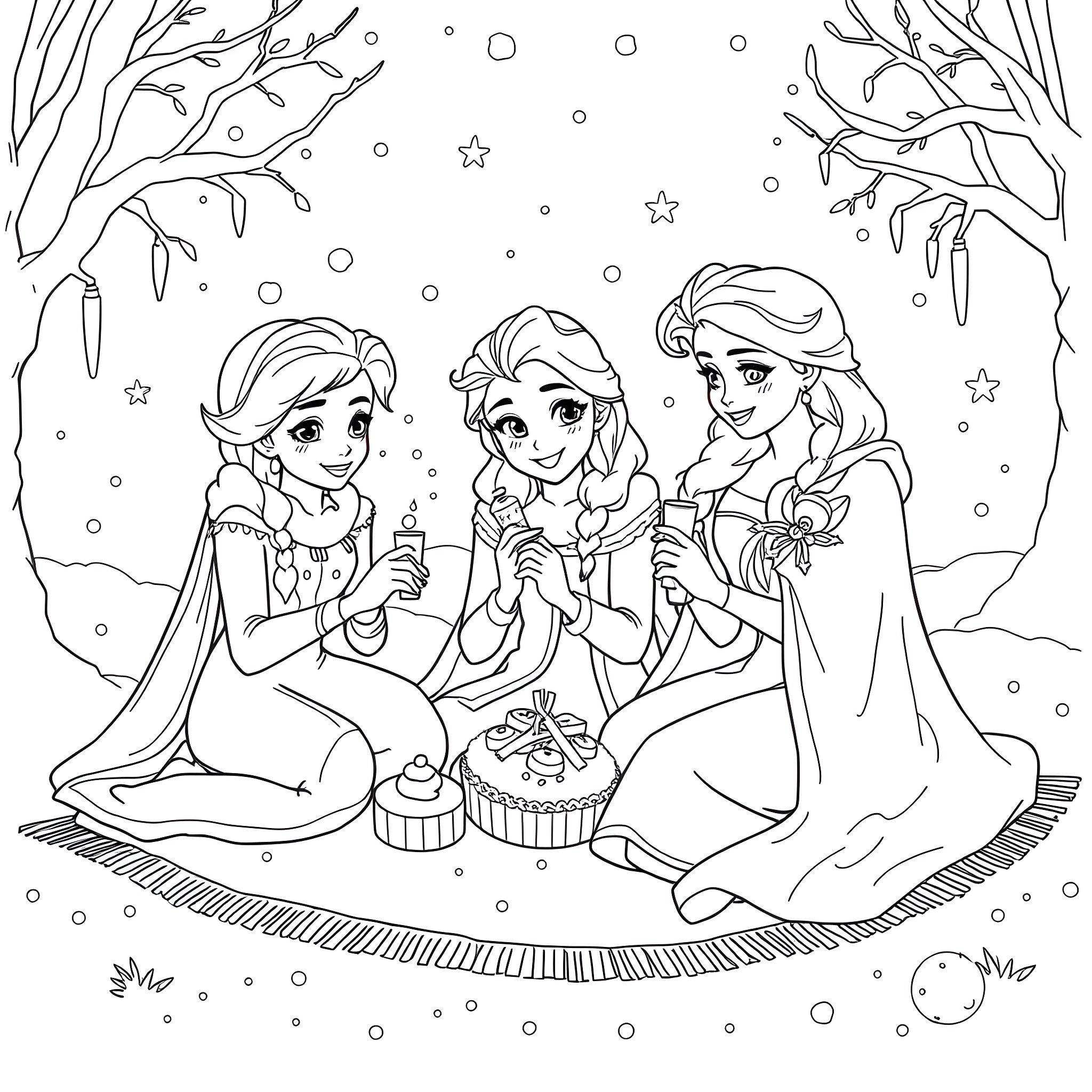 Princess Sisters Enjoying Snowy Winter Night Coloring Page (free black-and-white line drawing printable PDF for all, from beginners to advanced learners, including children, teens, adults, and seniors)