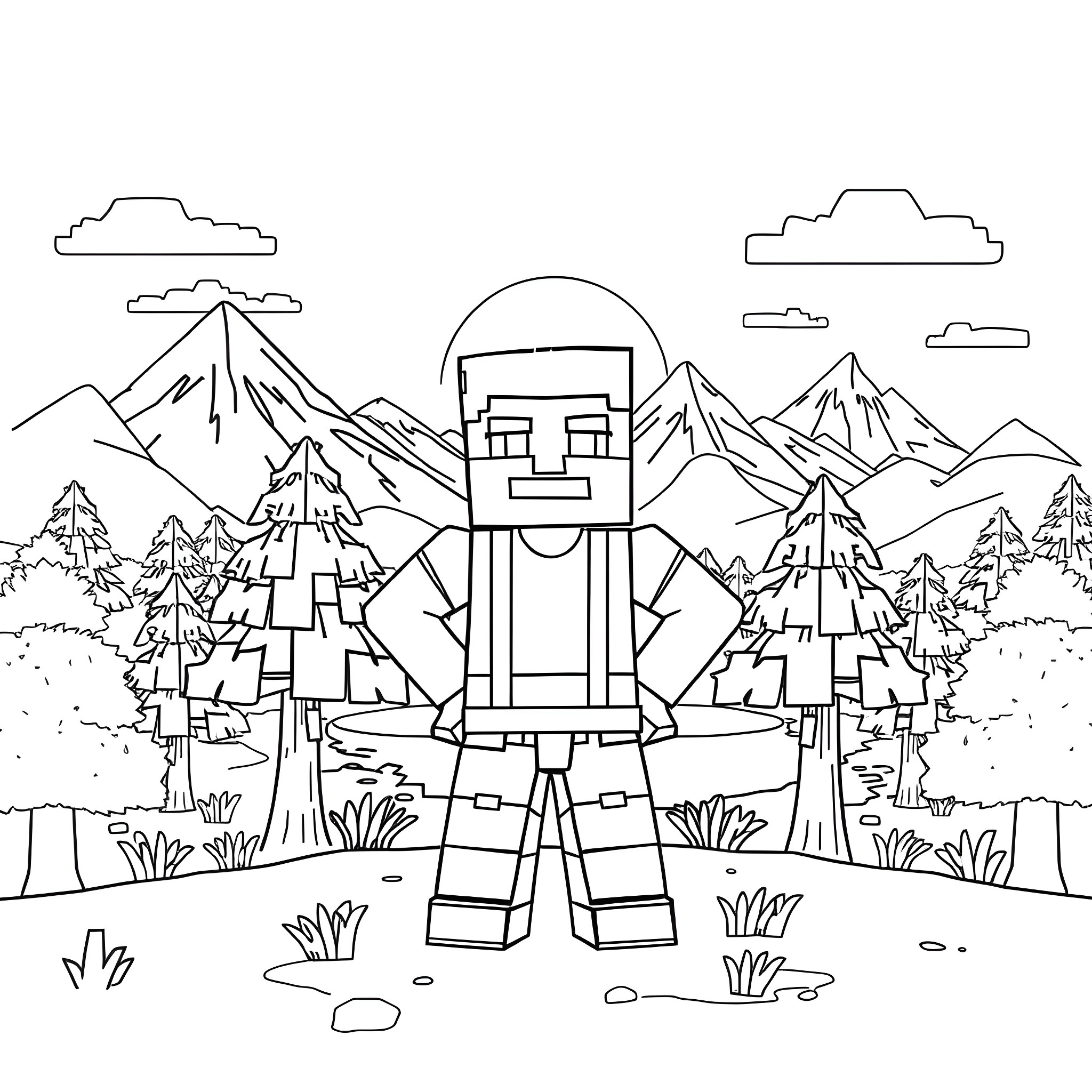 Steve standing in a peaceful mountain landscape Coloring Page (free black-and-white line drawing printable PDF for all, from beginners to advanced learners, including children, teens, adults, and seniors)