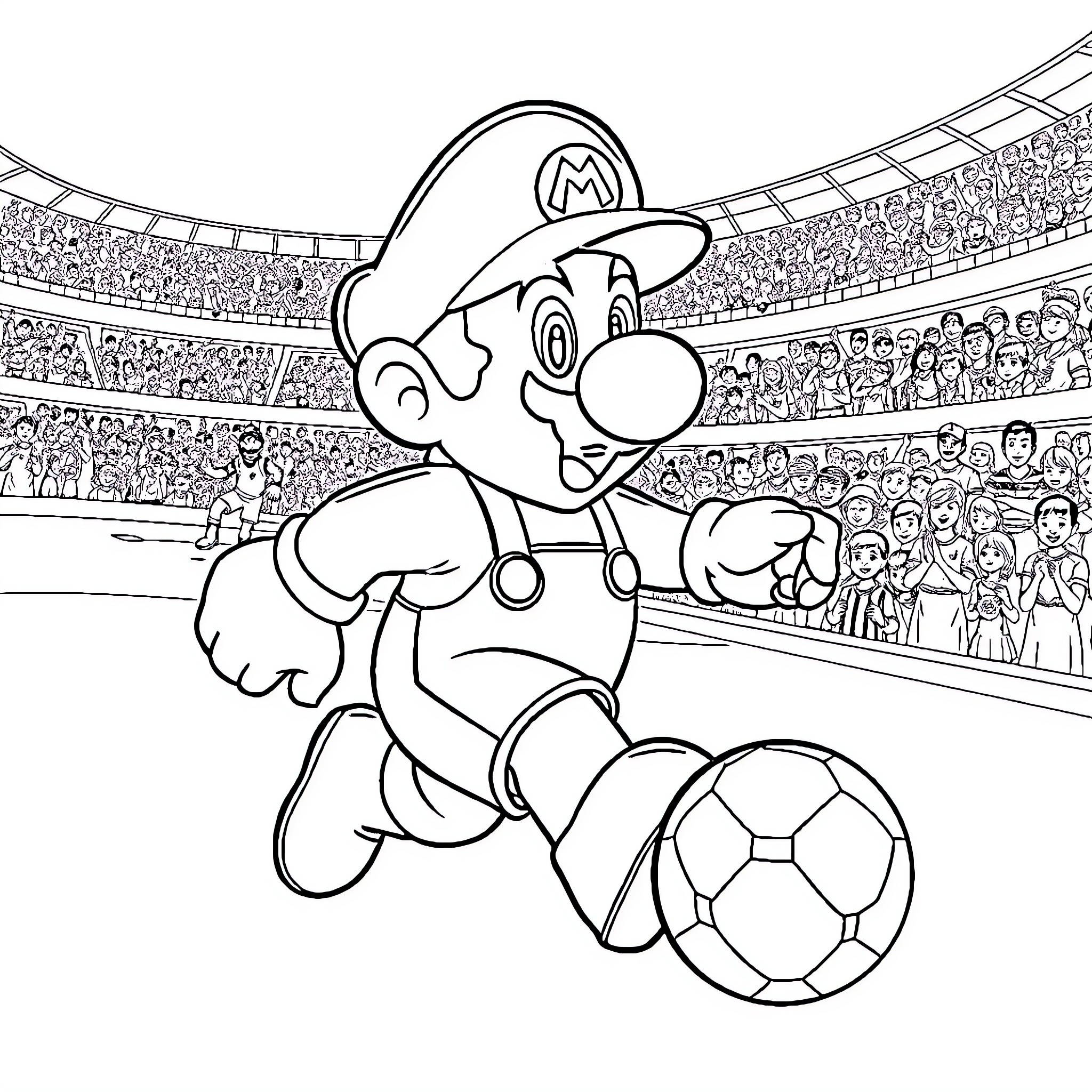 Mario Kicking Ball on Stadium Field Coloring Page (free black-and-white line drawing printable PDF for all, from beginners to advanced learners, including children, teens, adults, and seniors)