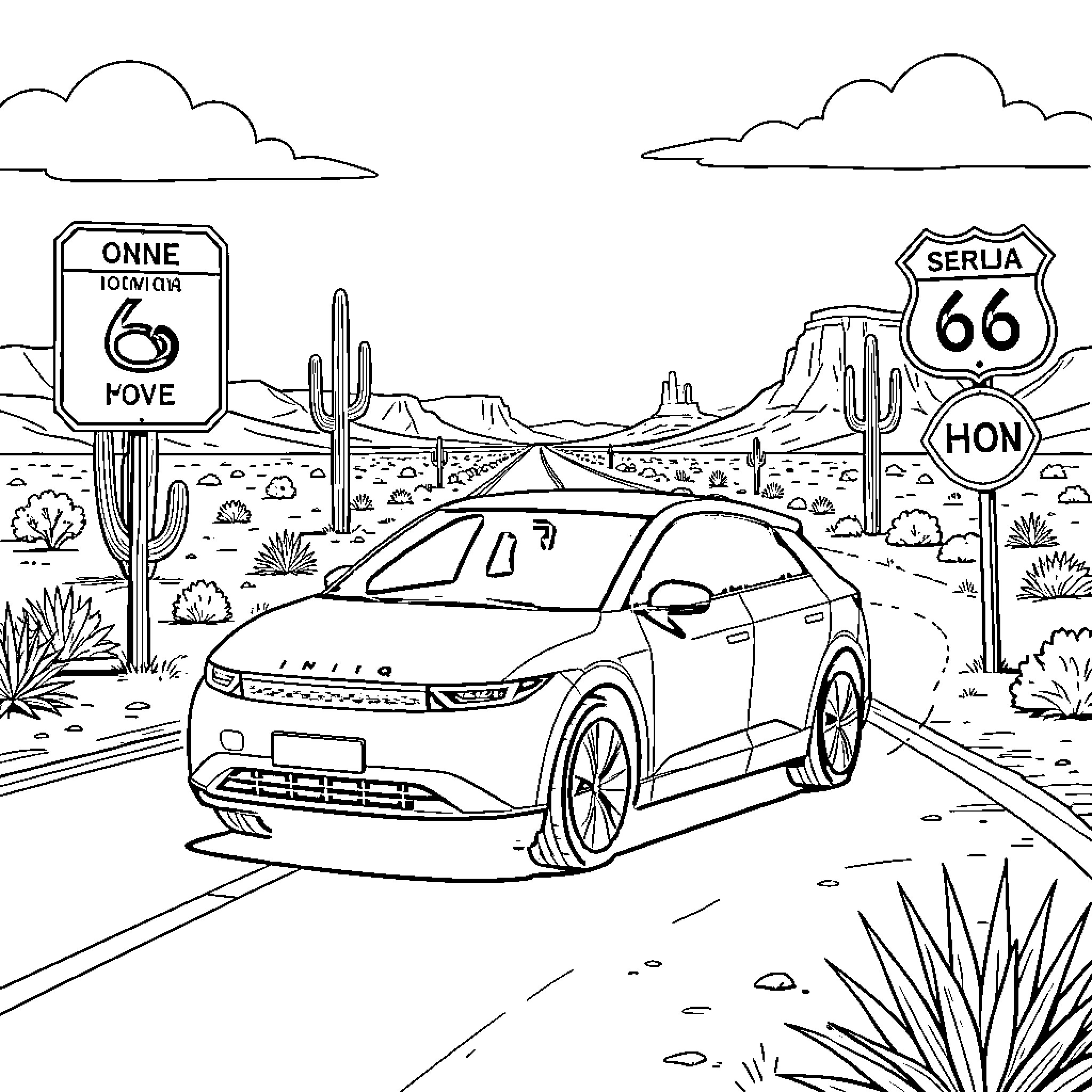 Ioniq driving through a vast desert landscape Coloring Page (free black-and-white line drawing printable PDF for all, from beginners to advanced learners, including children, teens, adults, and seniors)