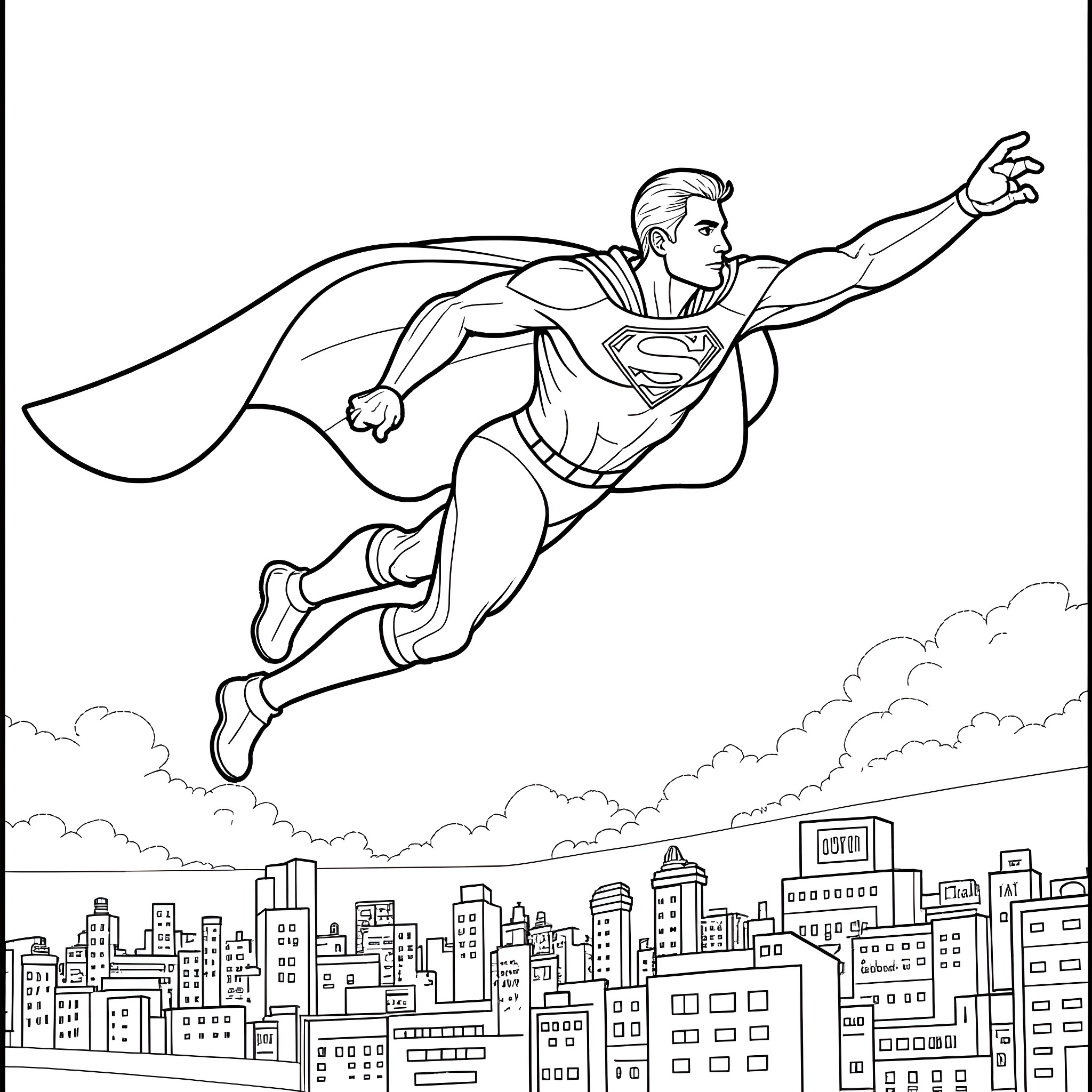 Superman soaring over the city skyline Coloring Page (free black-and-white line drawing printable PDF for all, from beginners to advanced learners, including children, teens, adults, and seniors)