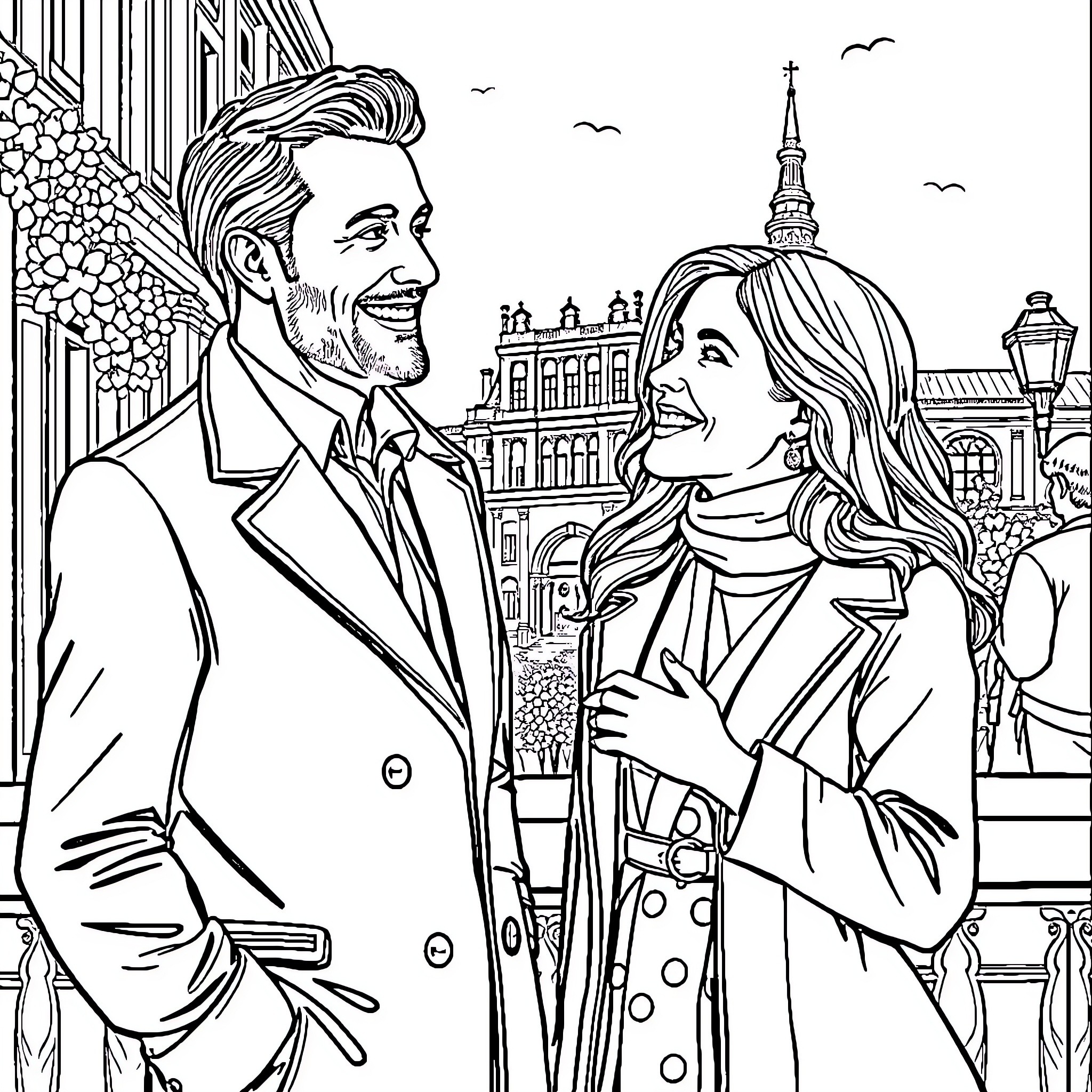 Pierre Garnier's romantic stroll through the city with a companion Coloring Page (free black-and-white line drawing printable PDF for all, from beginners to advanced learners, including children, teens, adults, and seniors)