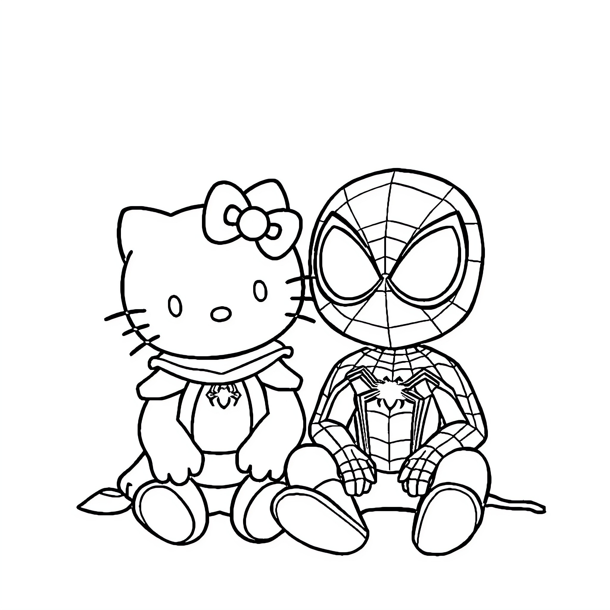 Hello Kitty meets Spider-Man in a playful scene Coloring Page (free black-and-white line drawing printable PDF for all, from beginners to advanced learners, including children, teens, adults, and seniors)