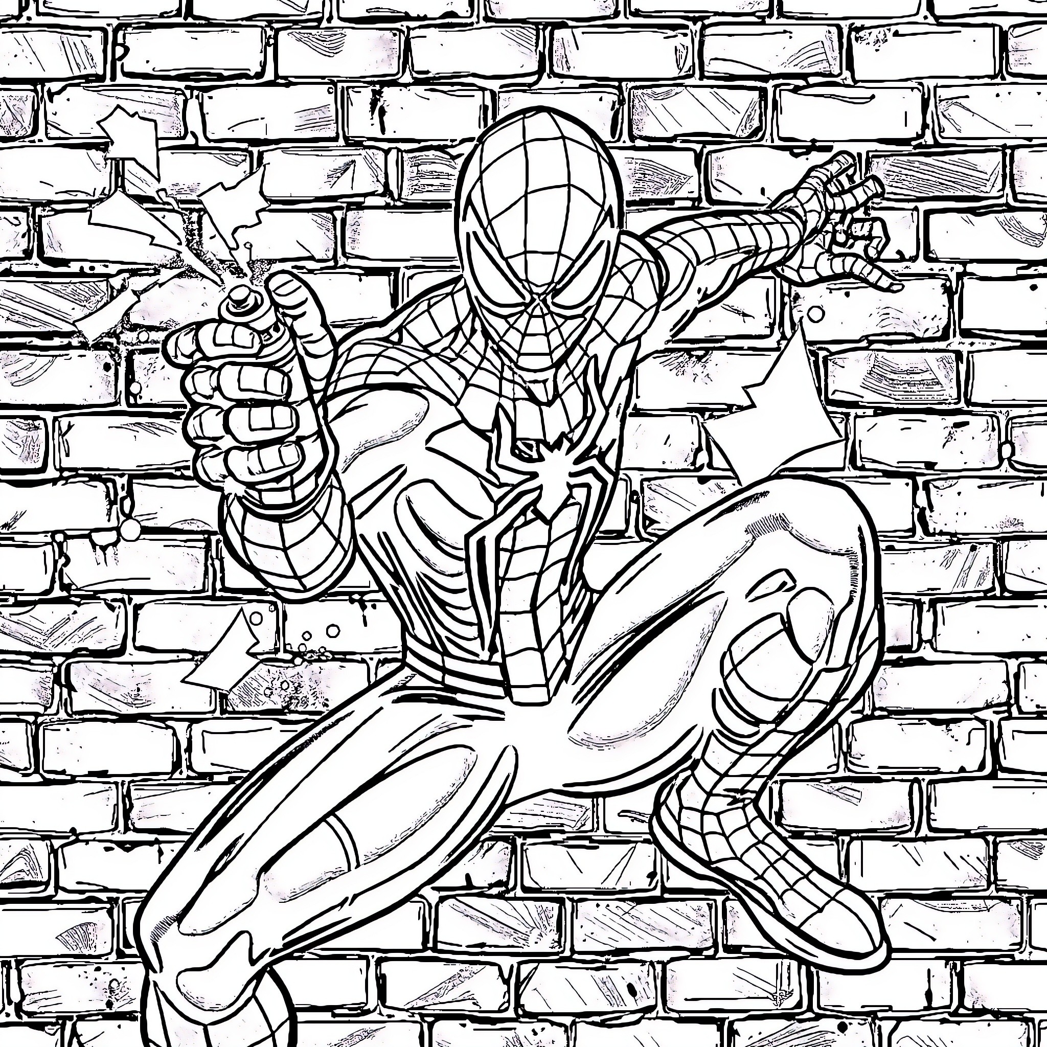 Spiderman in action on a brick wall Coloring Page (free black-and-white line drawing printable PDF for all, from beginners to advanced learners, including children, teens, adults, and seniors)