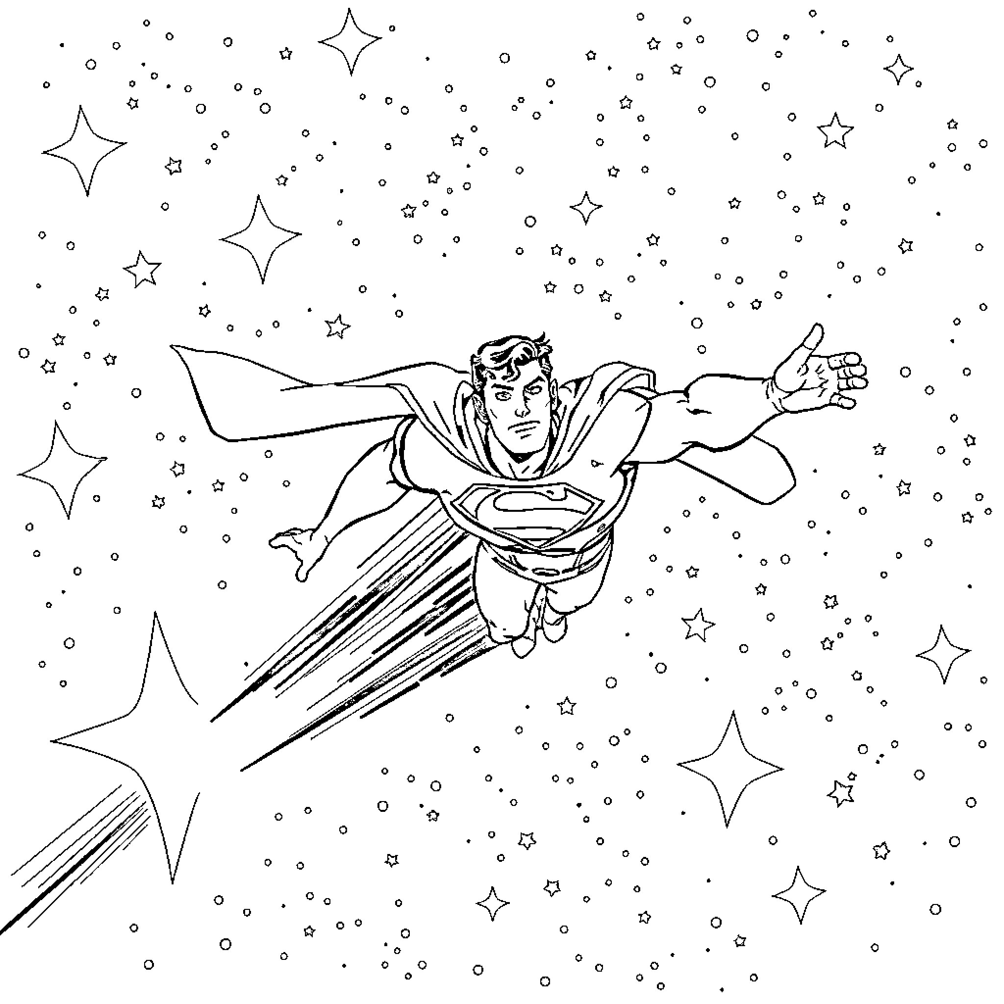 Superman soaring through the starry night sky Coloring Page (free black-and-white line drawing printable PDF for all, from beginners to advanced learners, including children, teens, adults, and seniors)